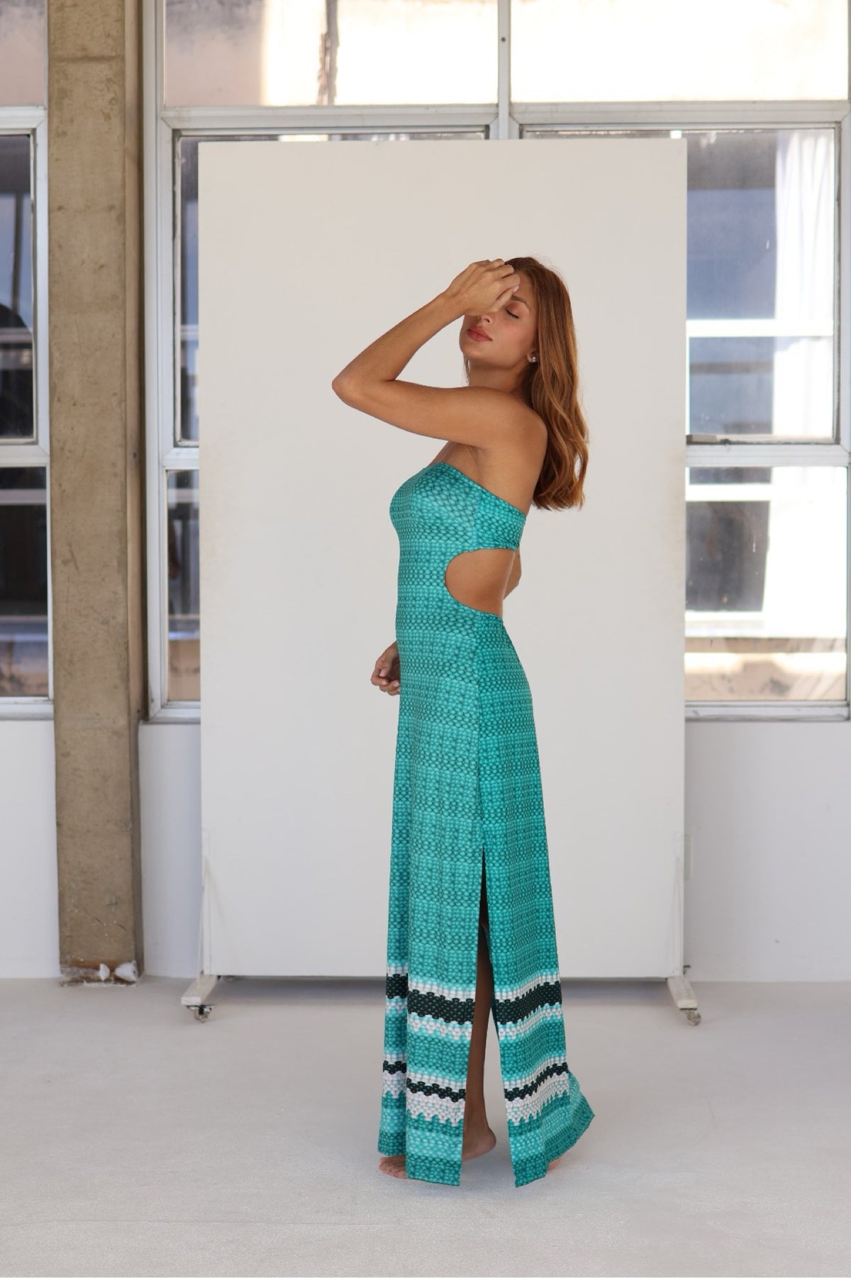 Maré turquoise strapless cutout maxi resort dress side view