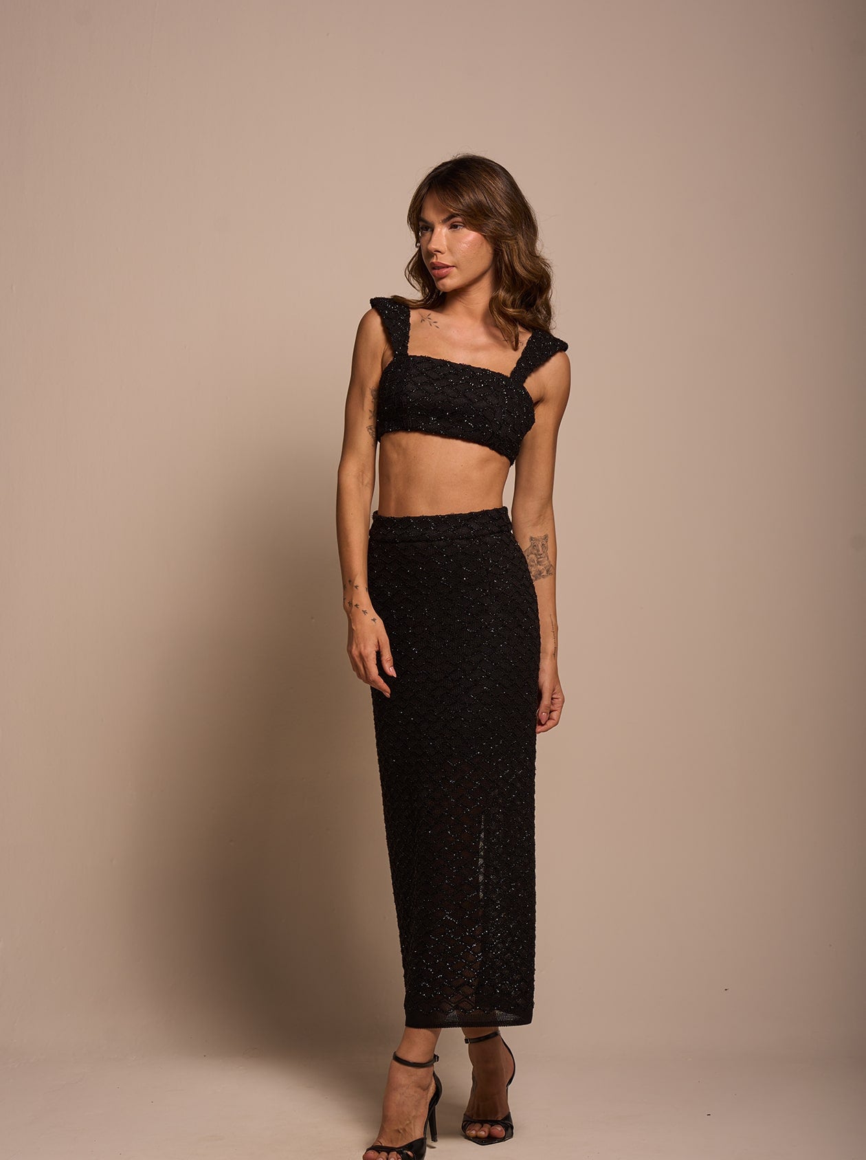 Lurex Black Two-Piece Set – Top & Midi Skirt | Amazônia B2R
