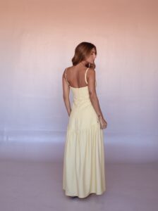 Back view of the Soleil Linen Blend Maxi Dress showing adjustable straps and flattering fit.