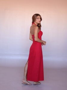 Soleil Halter Linen Blend Maxi Dress – Cherry Red