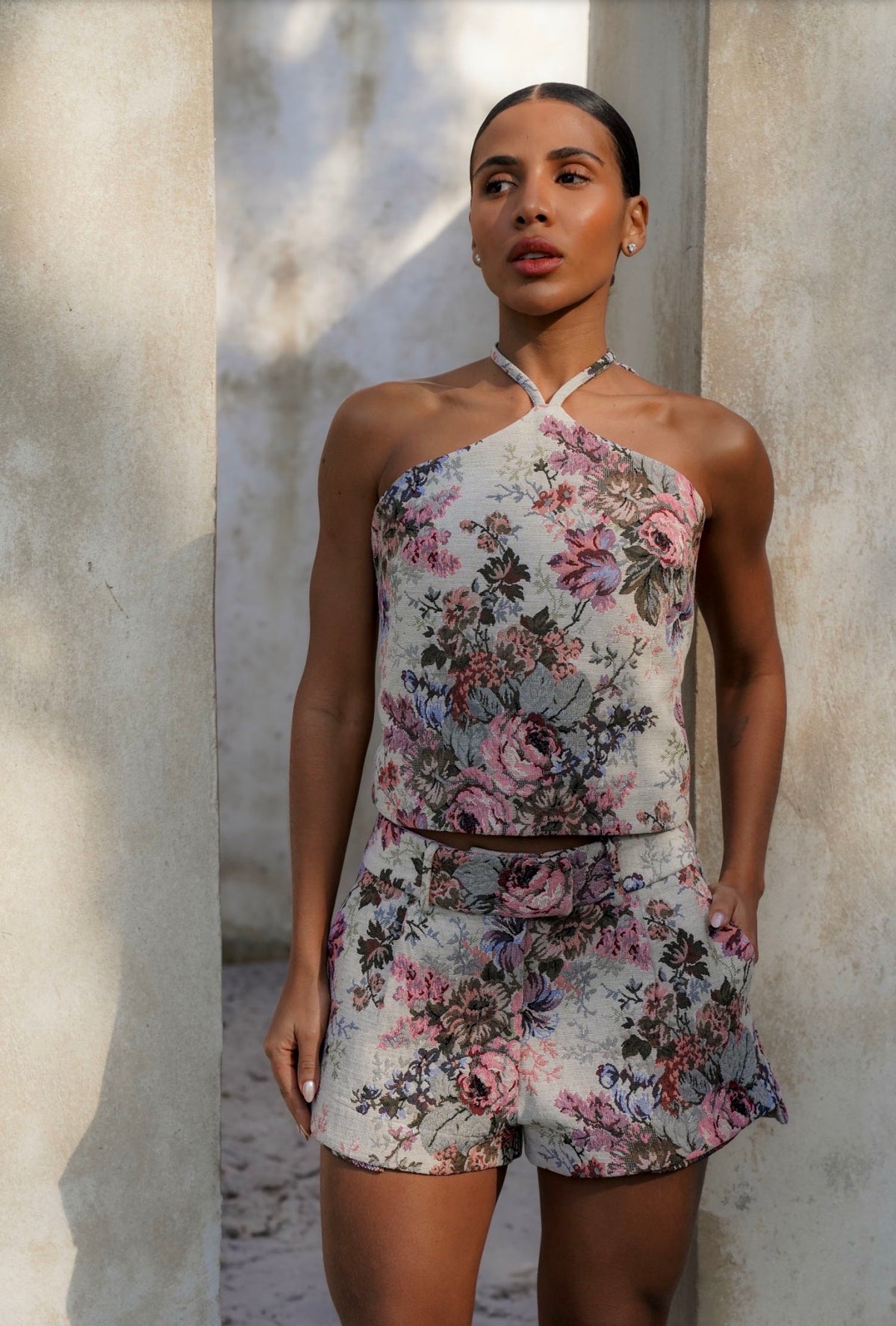 Flora open-back floral jacquard halter top, front view