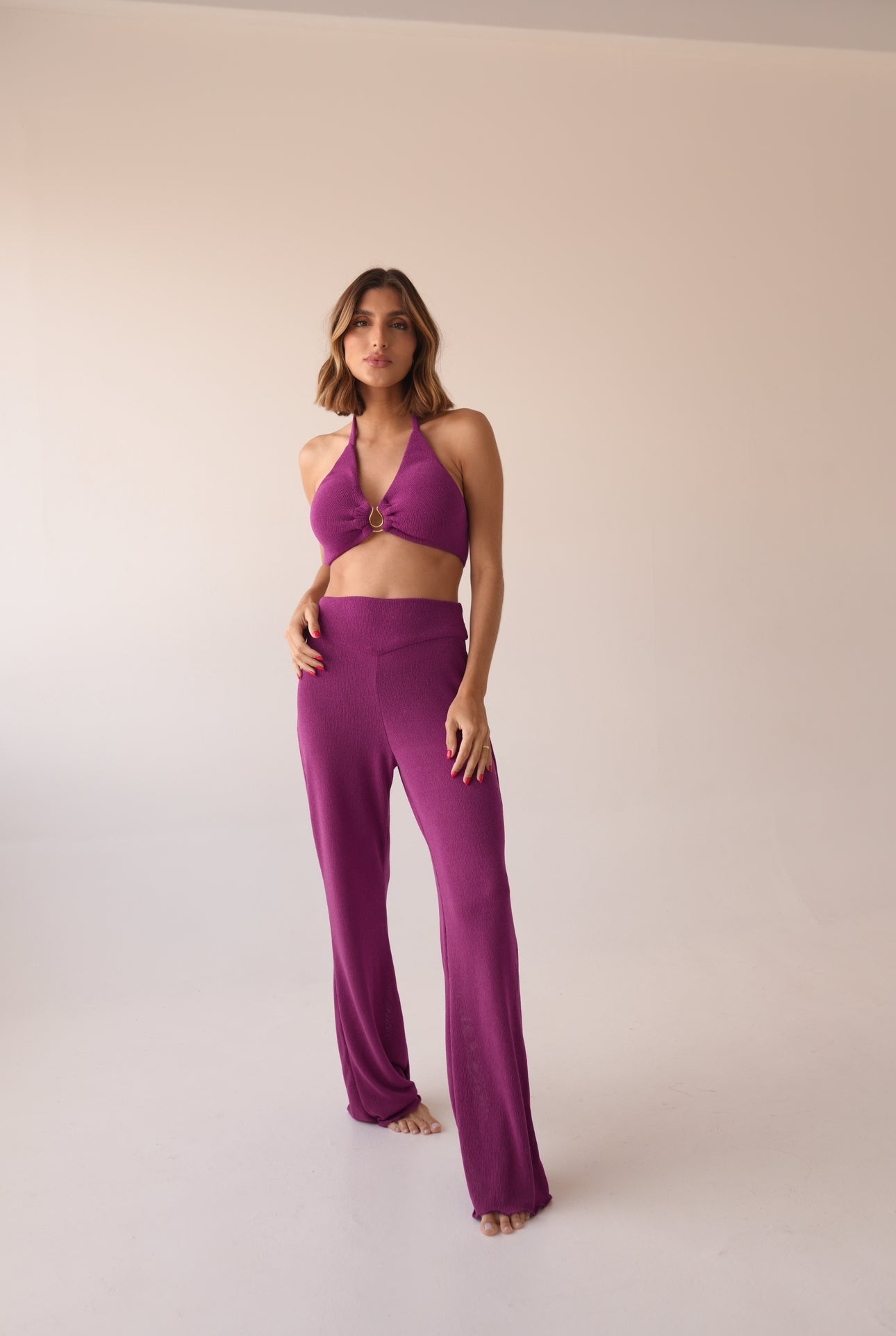 Halter Top + Flowy Pants Set – Orchid Purple Knit | Amazônia B2R Resortwear