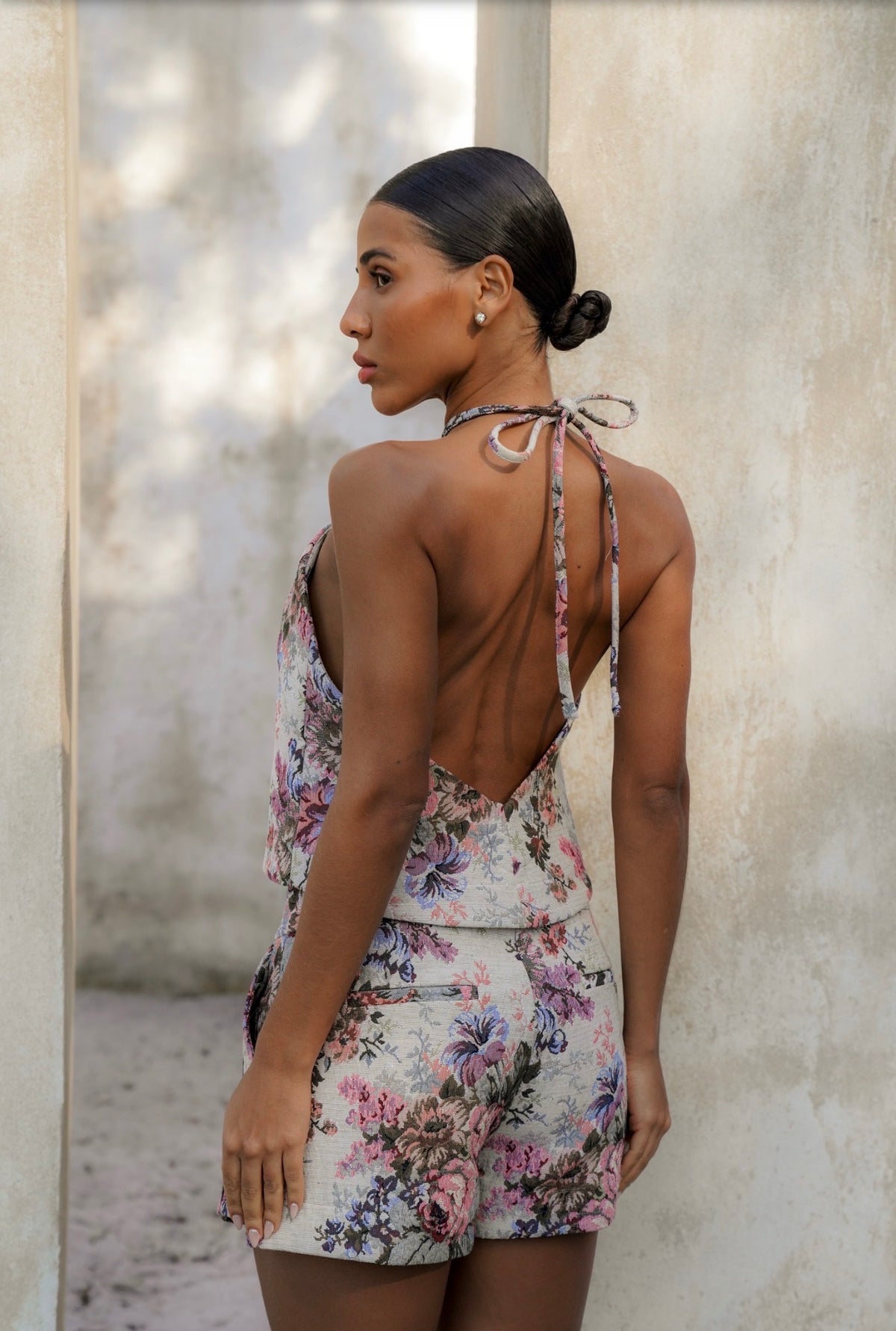 Open-back detail of the Flora floral jacquard halter top