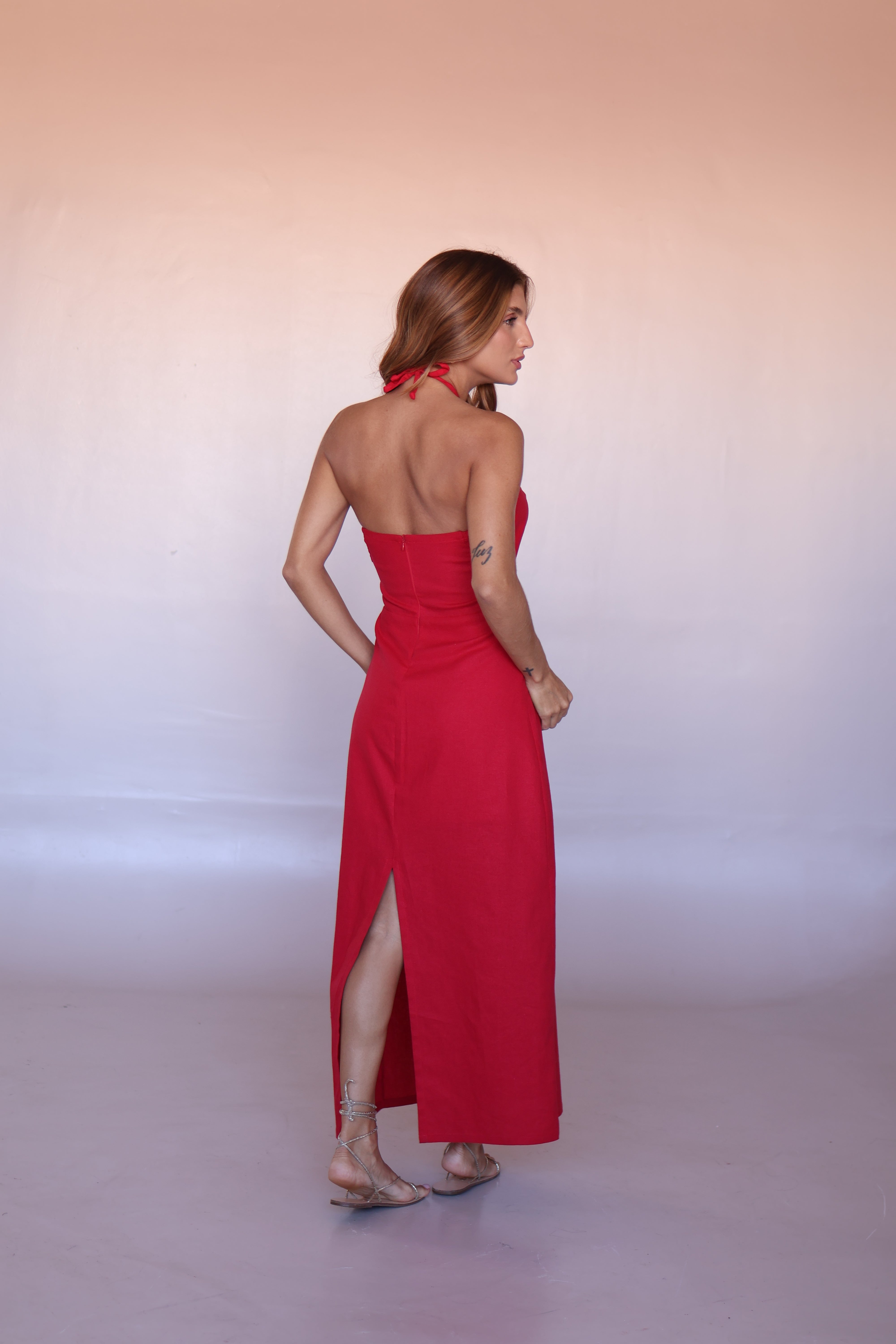 Soleil Halter Linen Blend Maxi Dress – Cherry Red