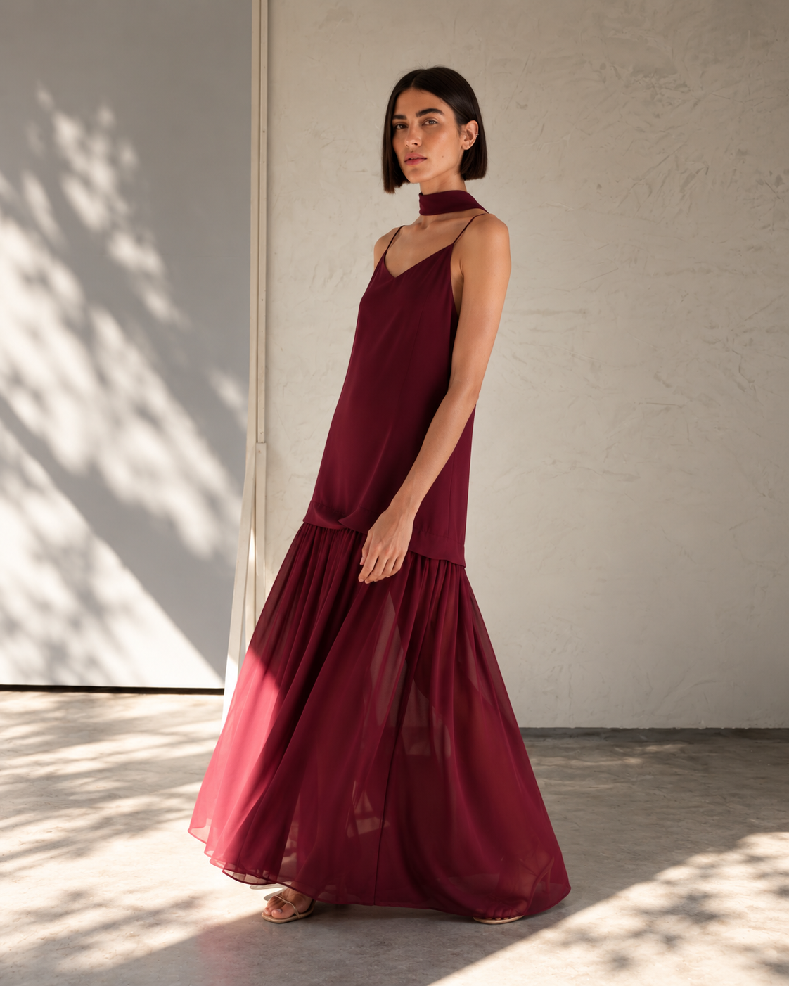 Amara Merlot open-back maxi dress styled for a resort evening