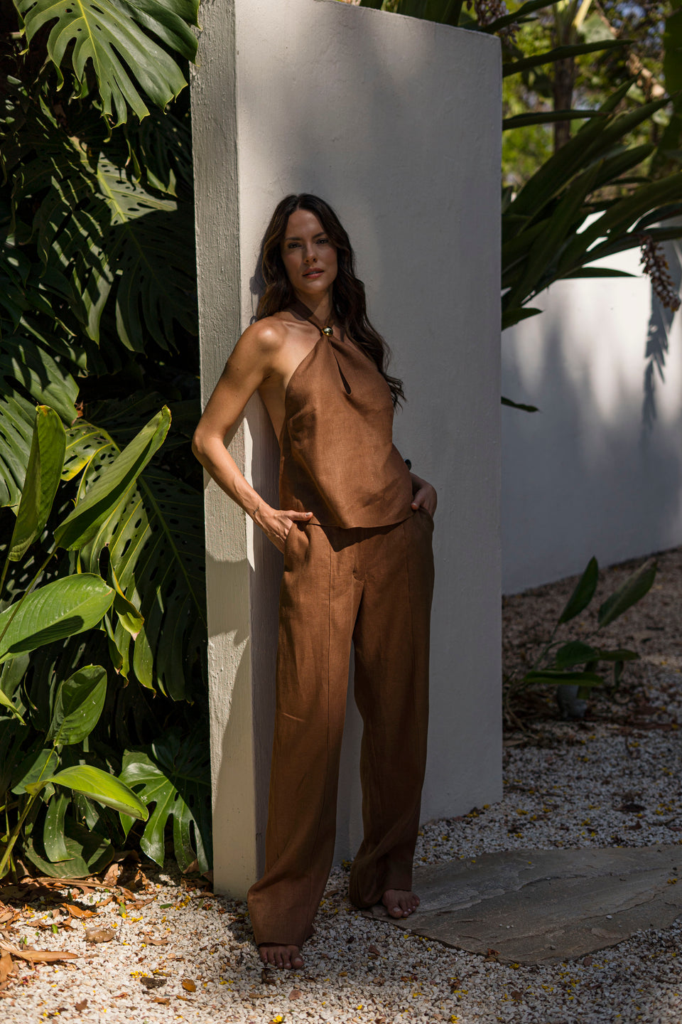 Amazônia B2R halter top in Brown styled with matching pants