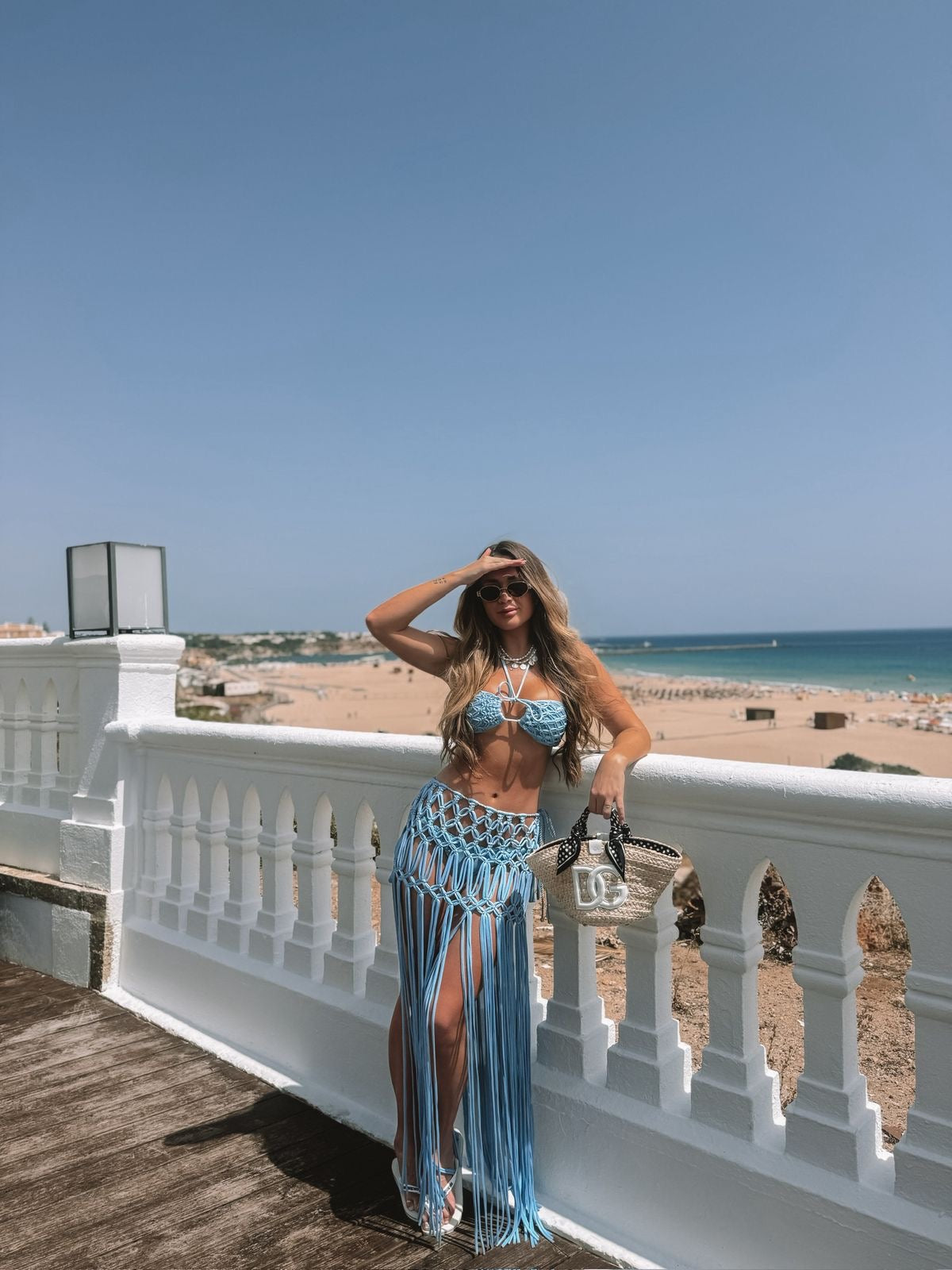 Amazônia B2R Sky Blue Macramé Bikini & Fringe Skirt Set