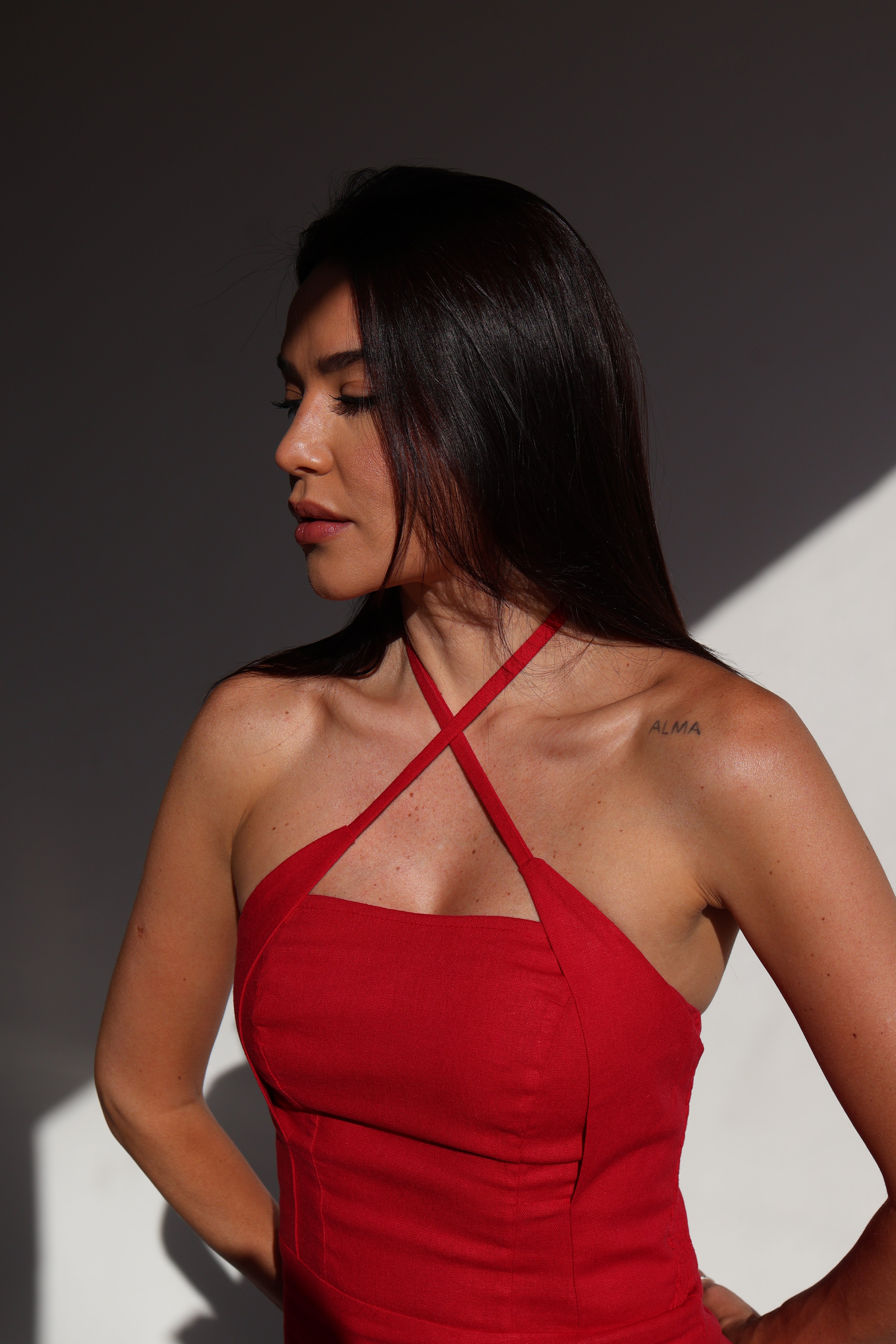 Soleil Halter Linen Blend Maxi Dress – Cherry Red