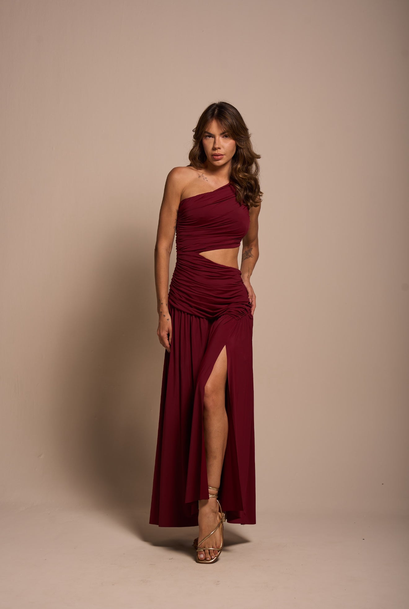 Amazônia B2R – Draped One-Shoulder Designer Dress (Black & Ruby)