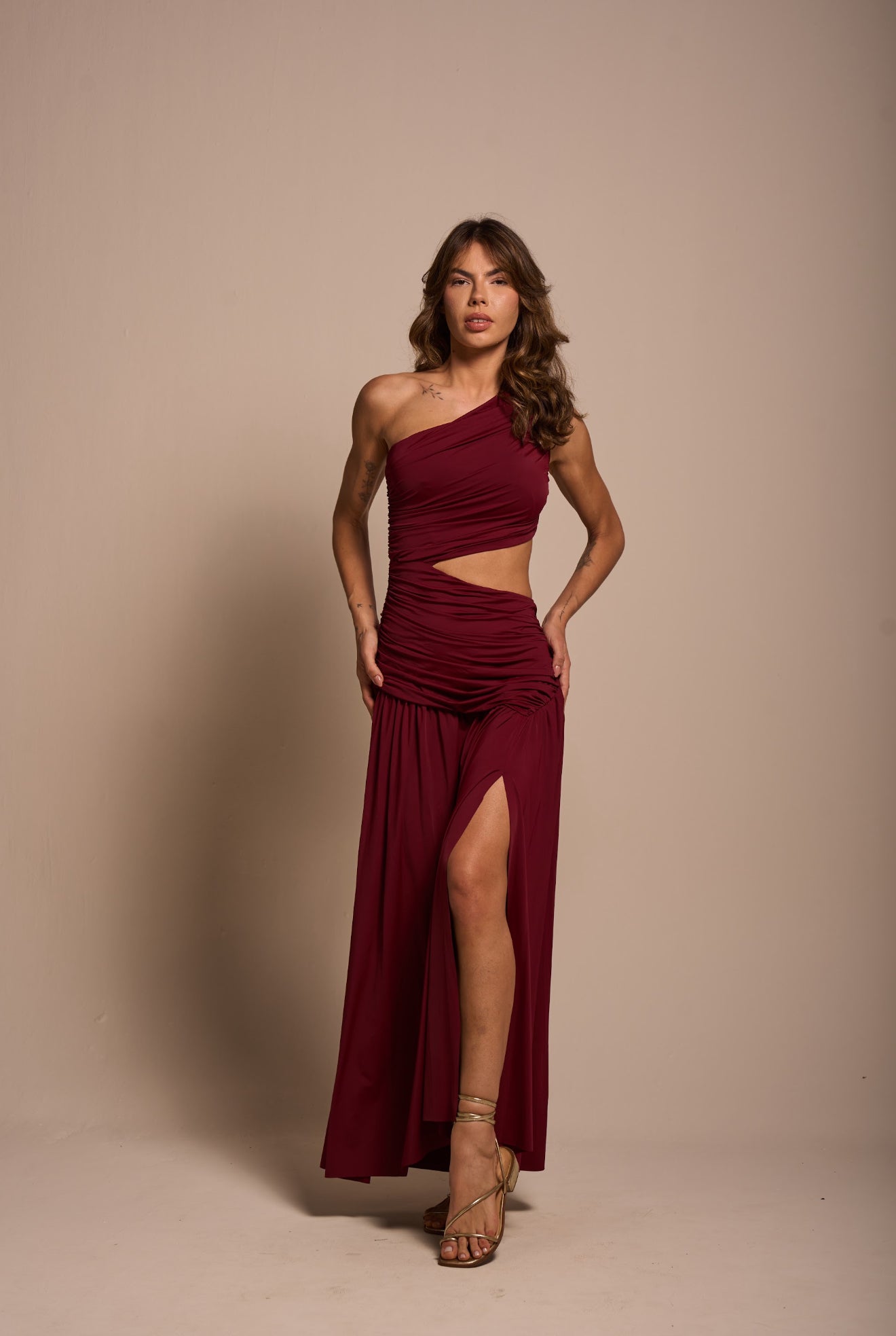 Amazônia B2R – Draped One-Shoulder Designer Dress (Black & Ruby)