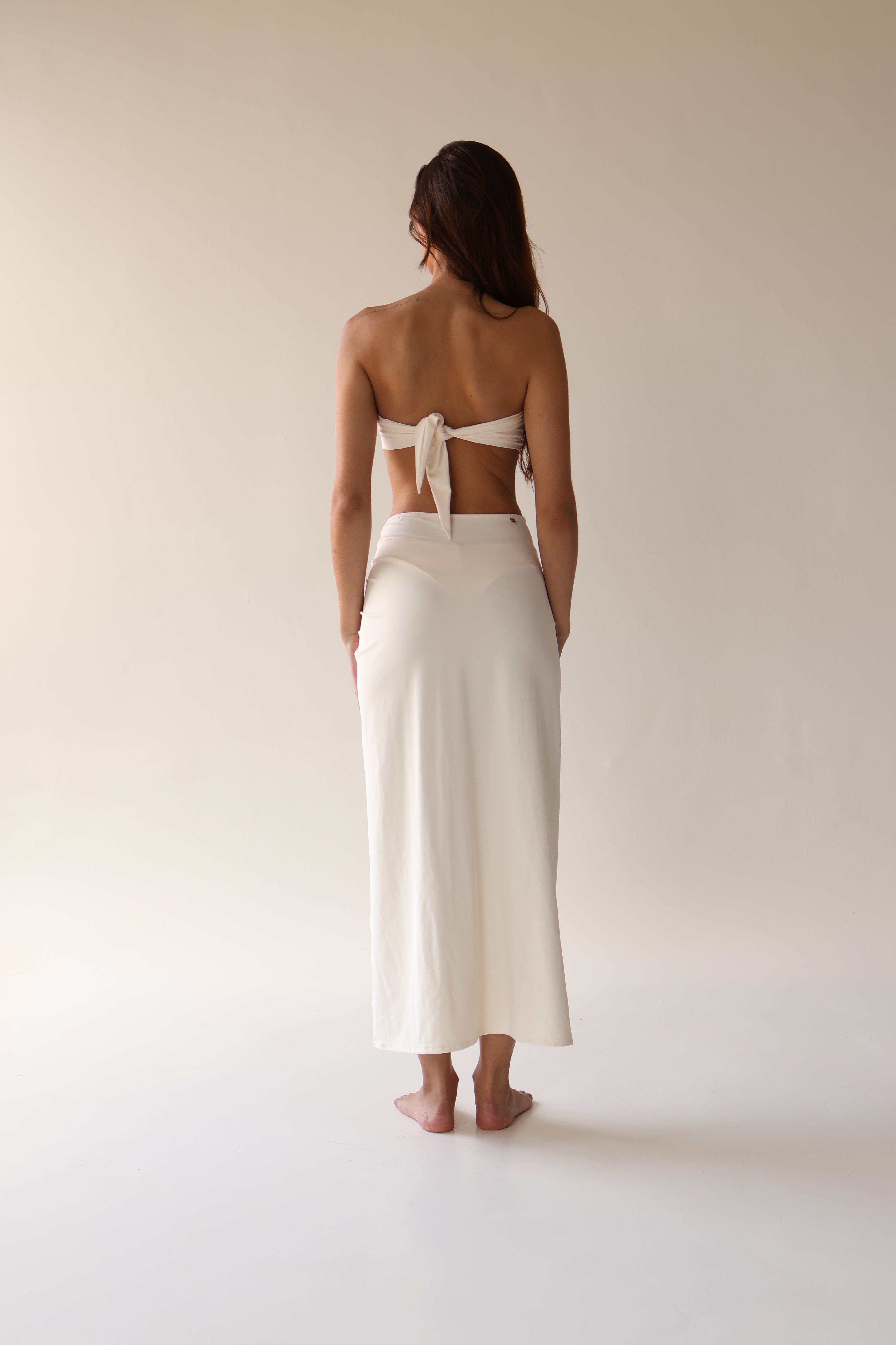Soleil Ivory Ruched Maxi Skirt with Gold Hardware