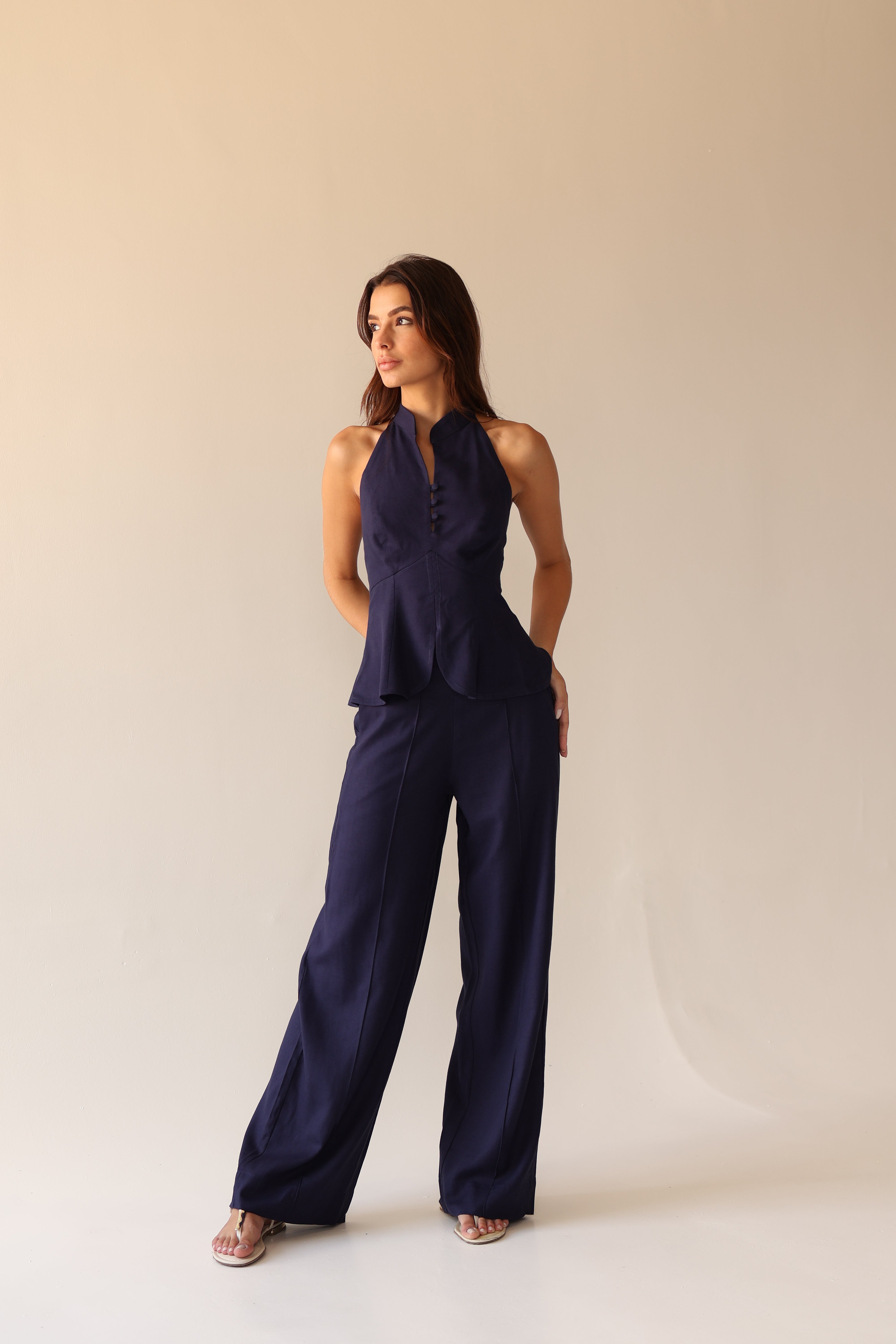 Rivage Navy Linen Halter Peplum Top & Wide-Leg Trouser Set