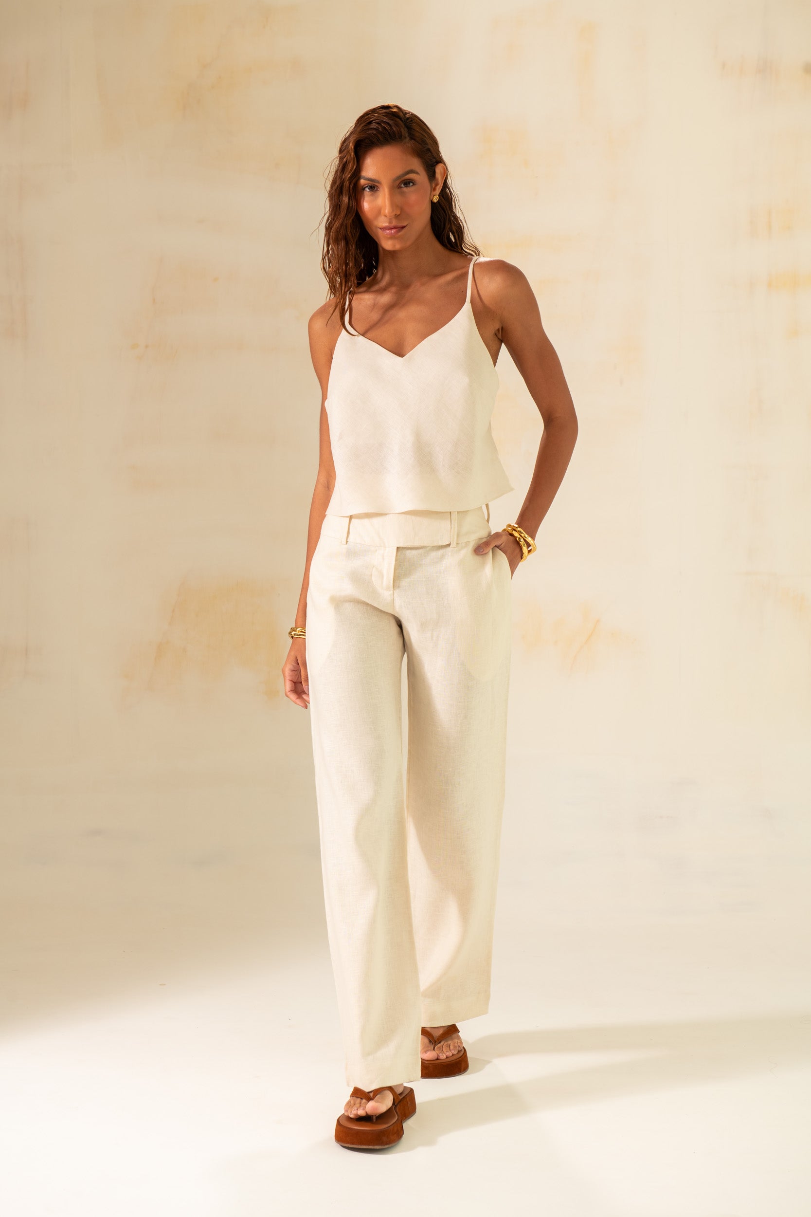 Amazônia B2R Linen Pants – Light Green & Off White | High-Waisted Tropical Elegance