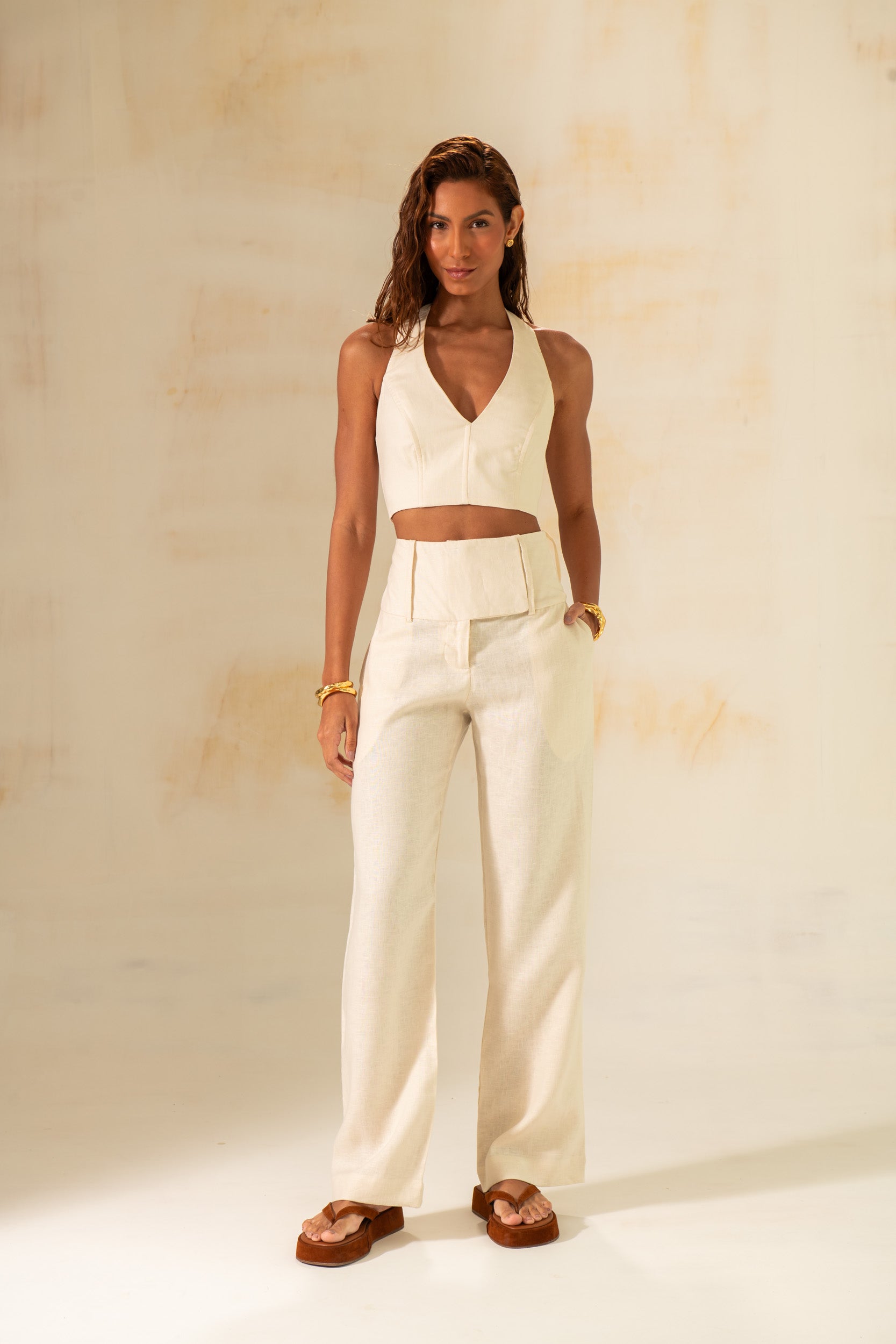 Amazônia B2R Linen Pants – Light Green & Off White | High-Waisted Tropical Elegance
