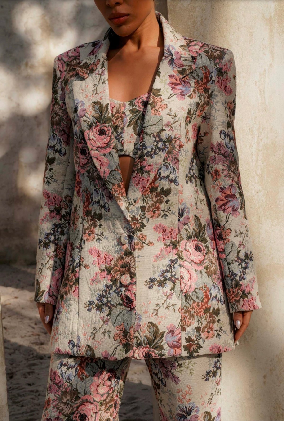 Flora tailored floral jacquard blazer styled with matching pants and crop top