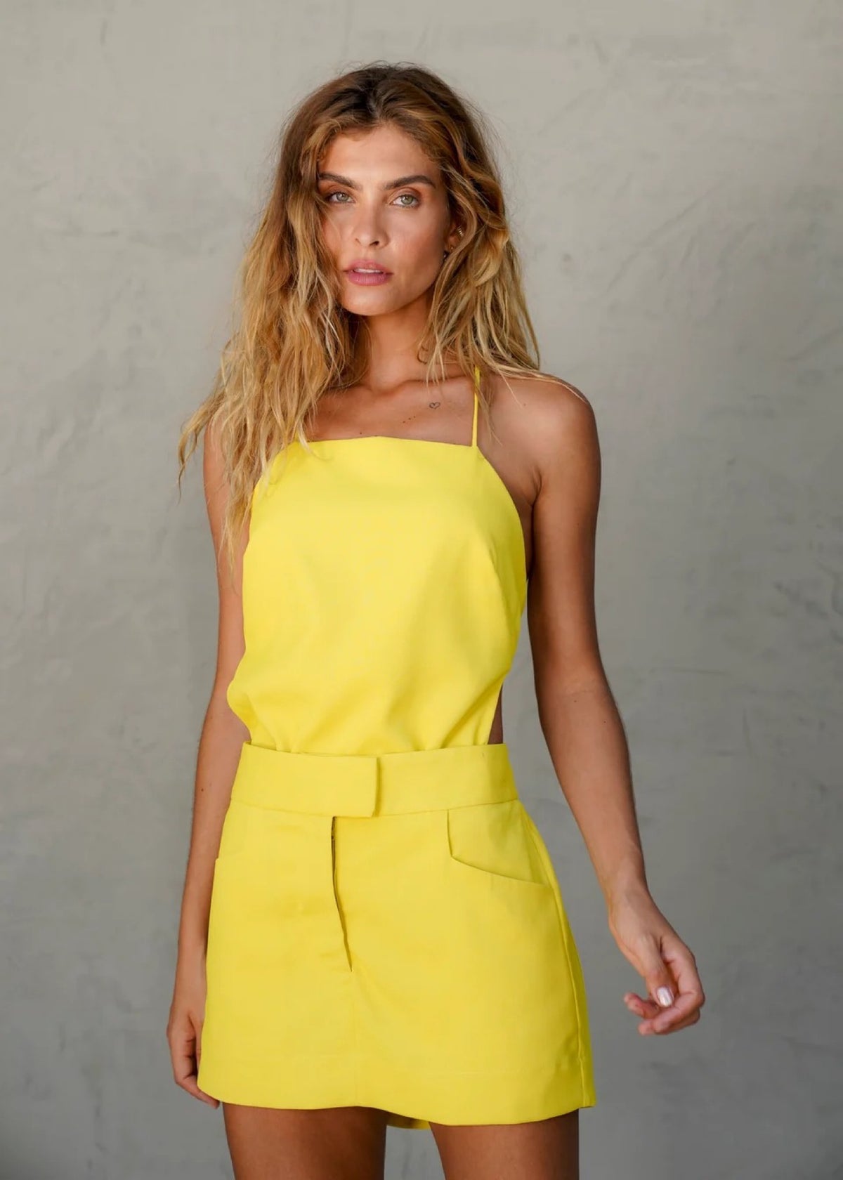 Solara Lime Sorbet open-back top with adjustable geometric straps