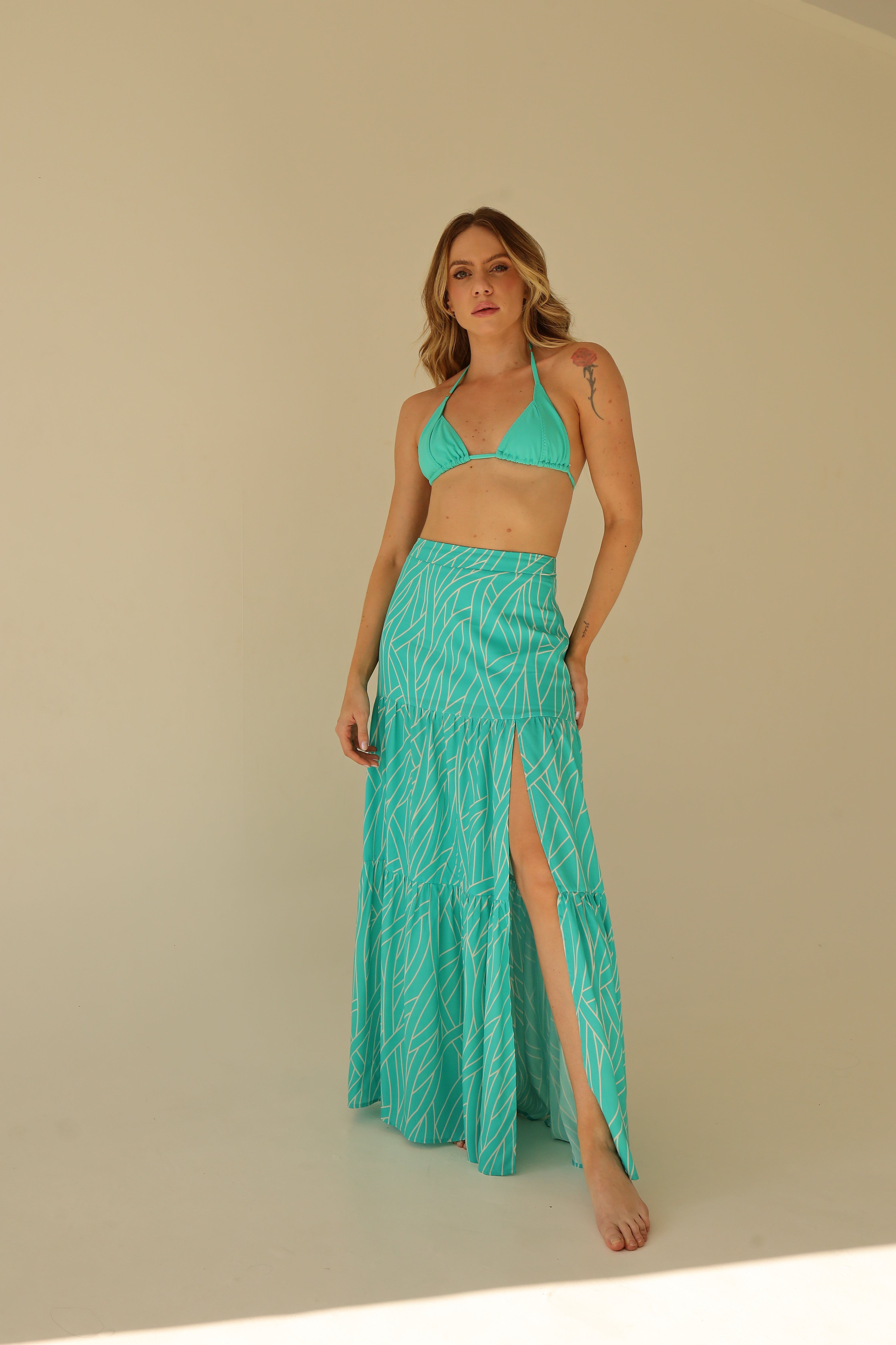 green viscose skirt with geometric print and high slit