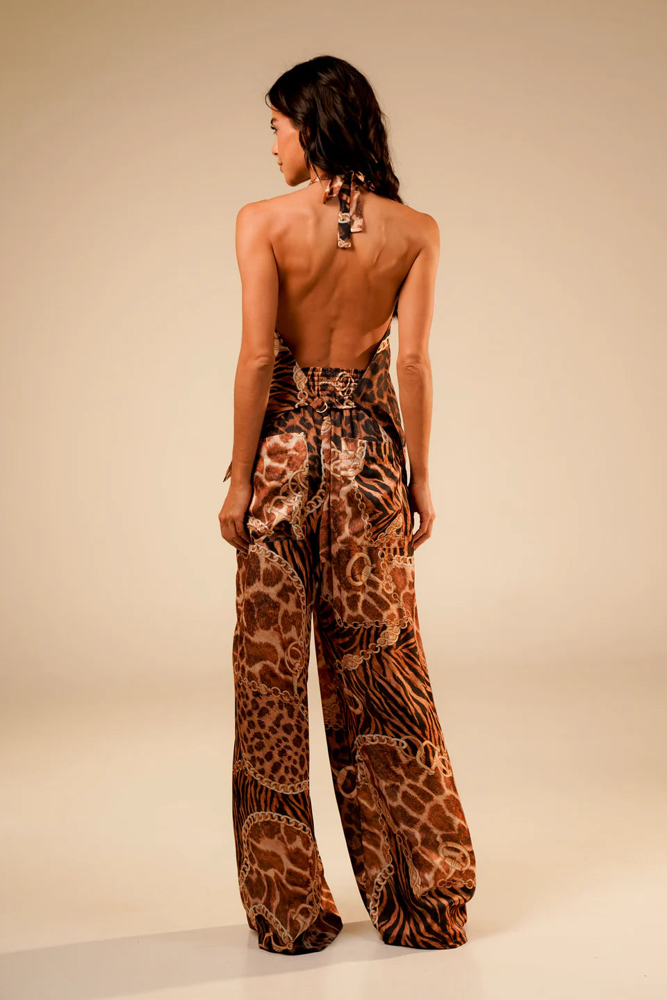 Safari Animal Print Halter Top & Wide-Leg Pants Set