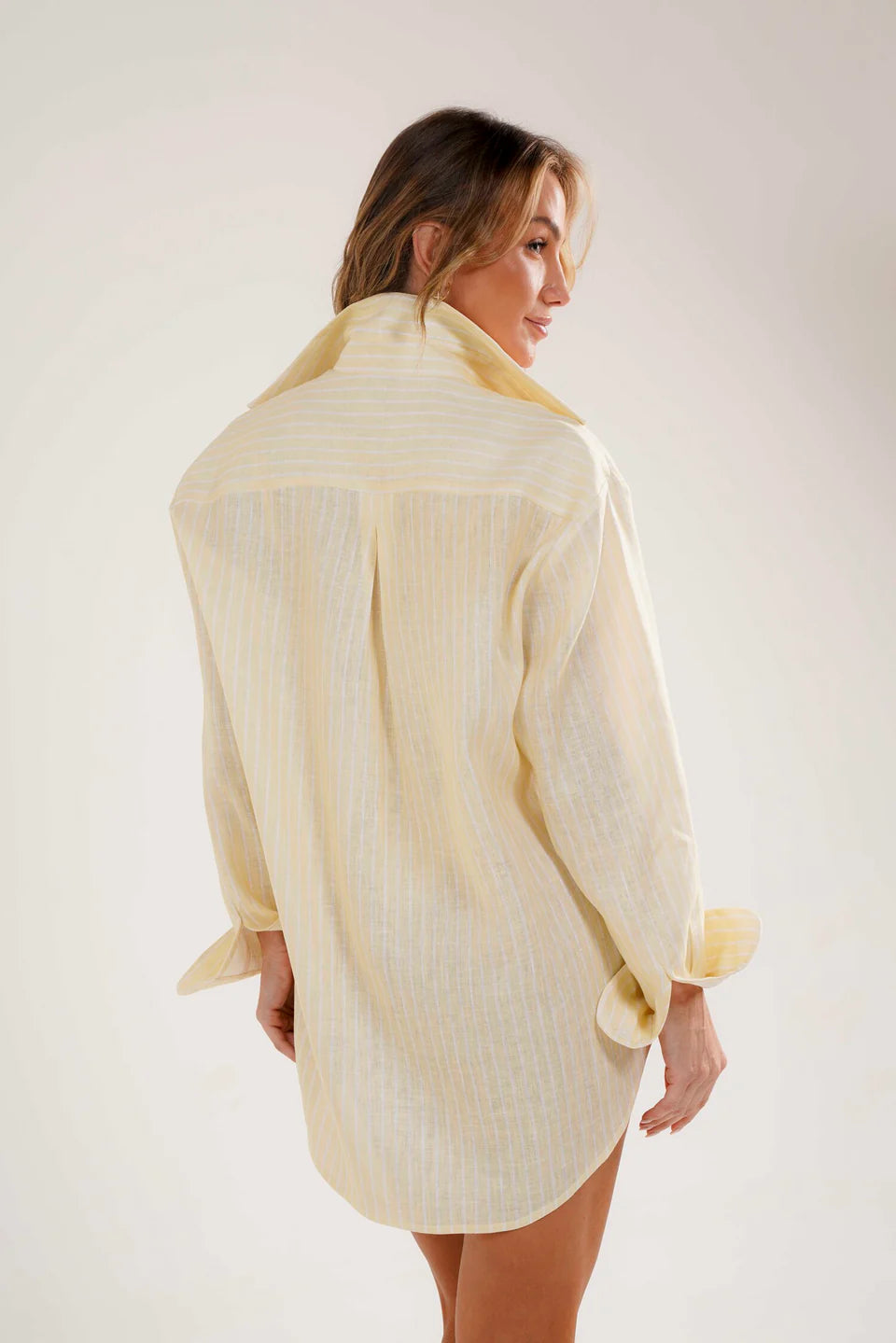 Linen Resort Shirt with White Pinstripes (Soft Pink / Soft Yellow) | Amazônia B2R