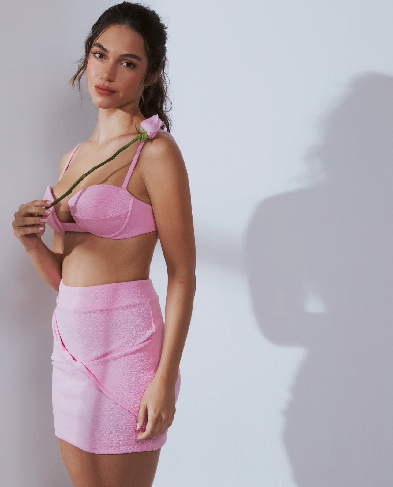 pink mini skirt with wrap detail