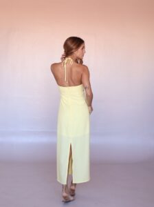 Back view of the Solea Halter Midi Dress featuring an adjustable halter tie and back slit.