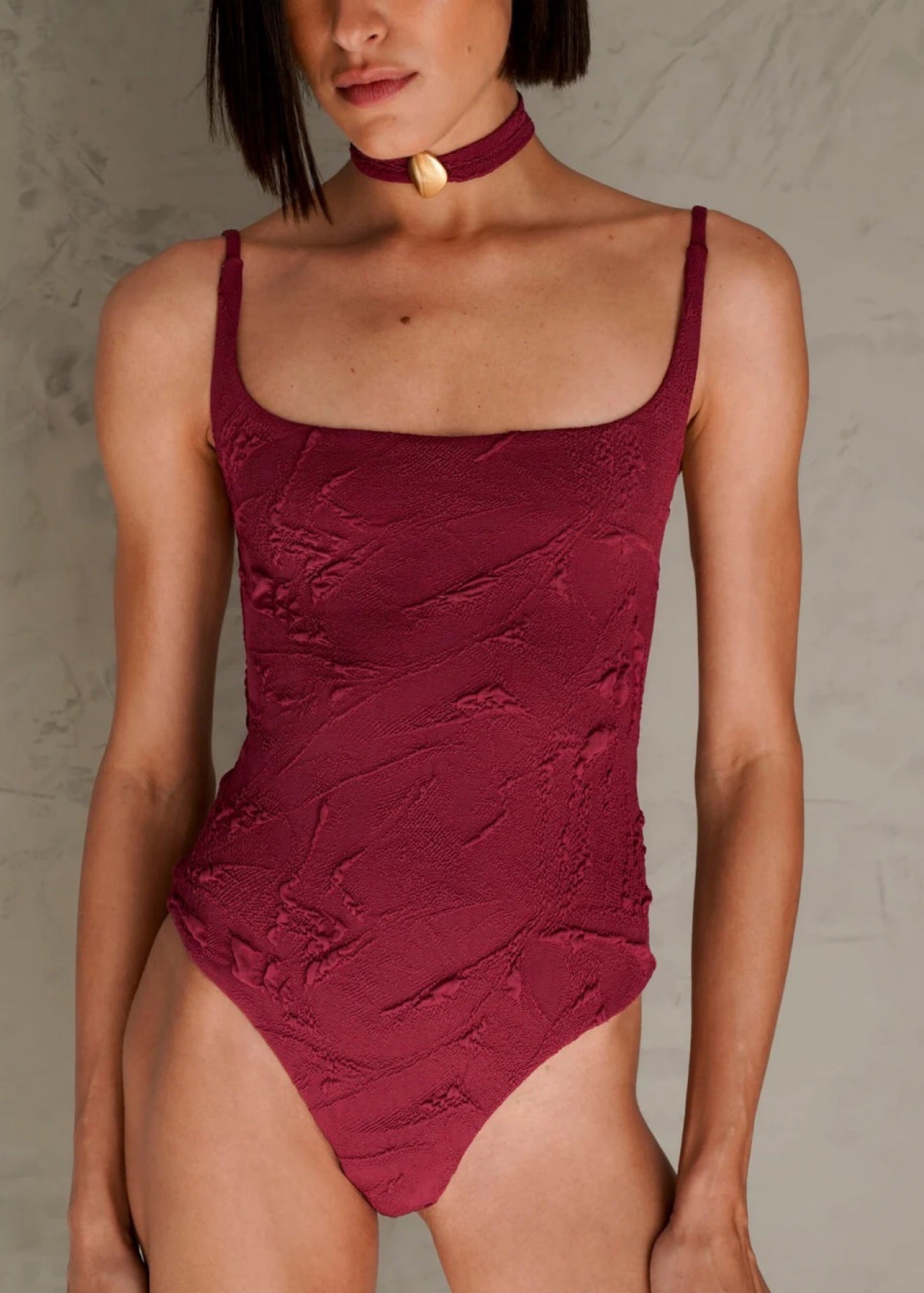 Celeste Merlot textured square-neck Brazilian one-piece swimsuit front view