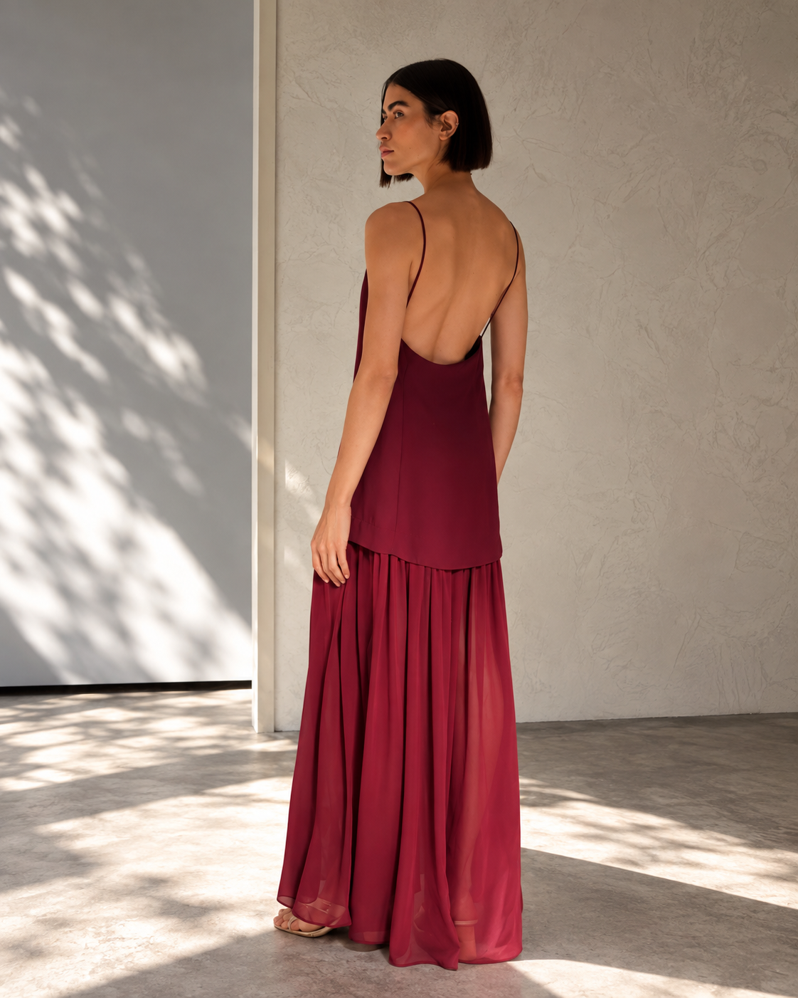 Amara Merlot open-back maxi resort dress front view