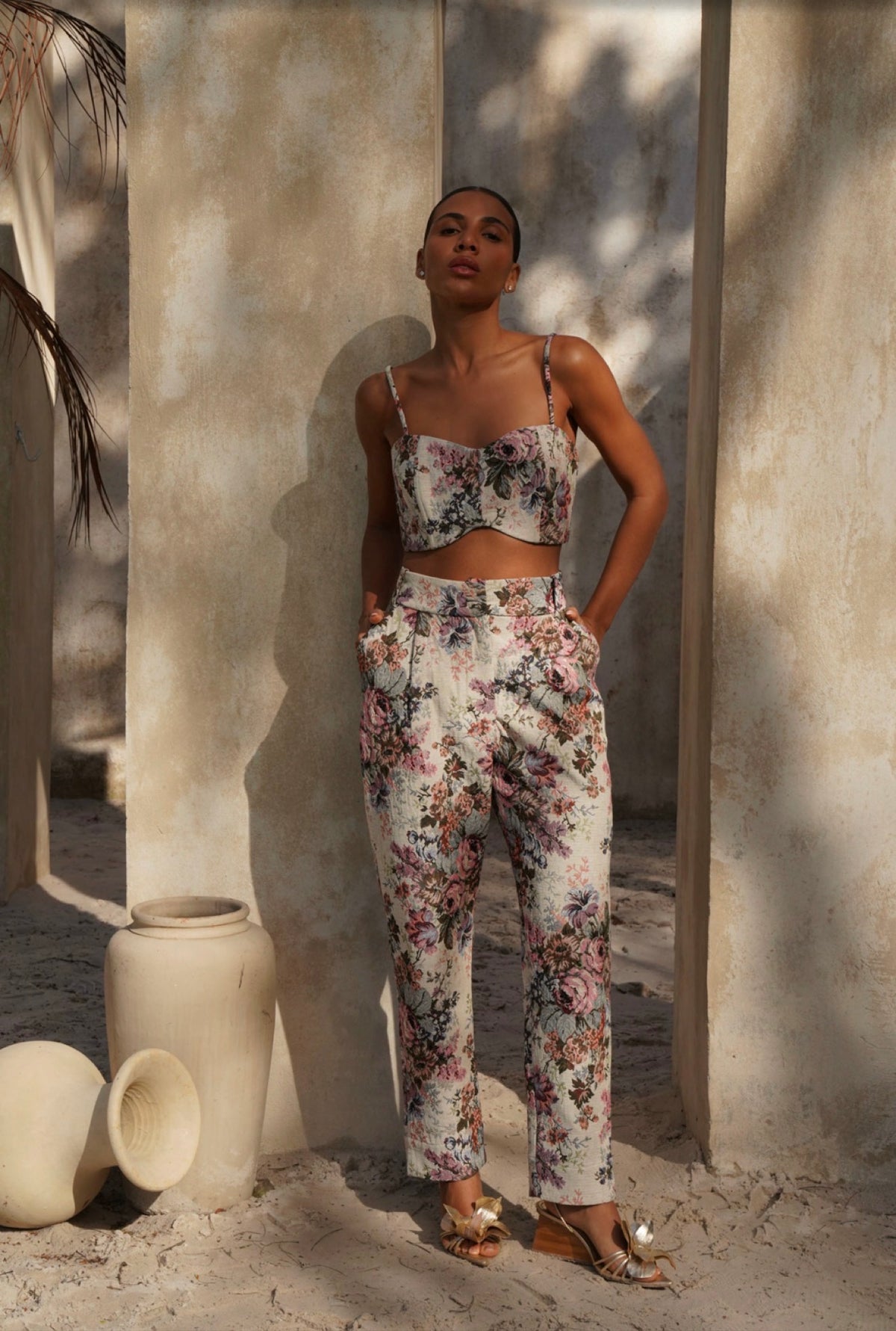 Flora tailored floral jacquard straight-leg pants styled with matching blazer and crop top