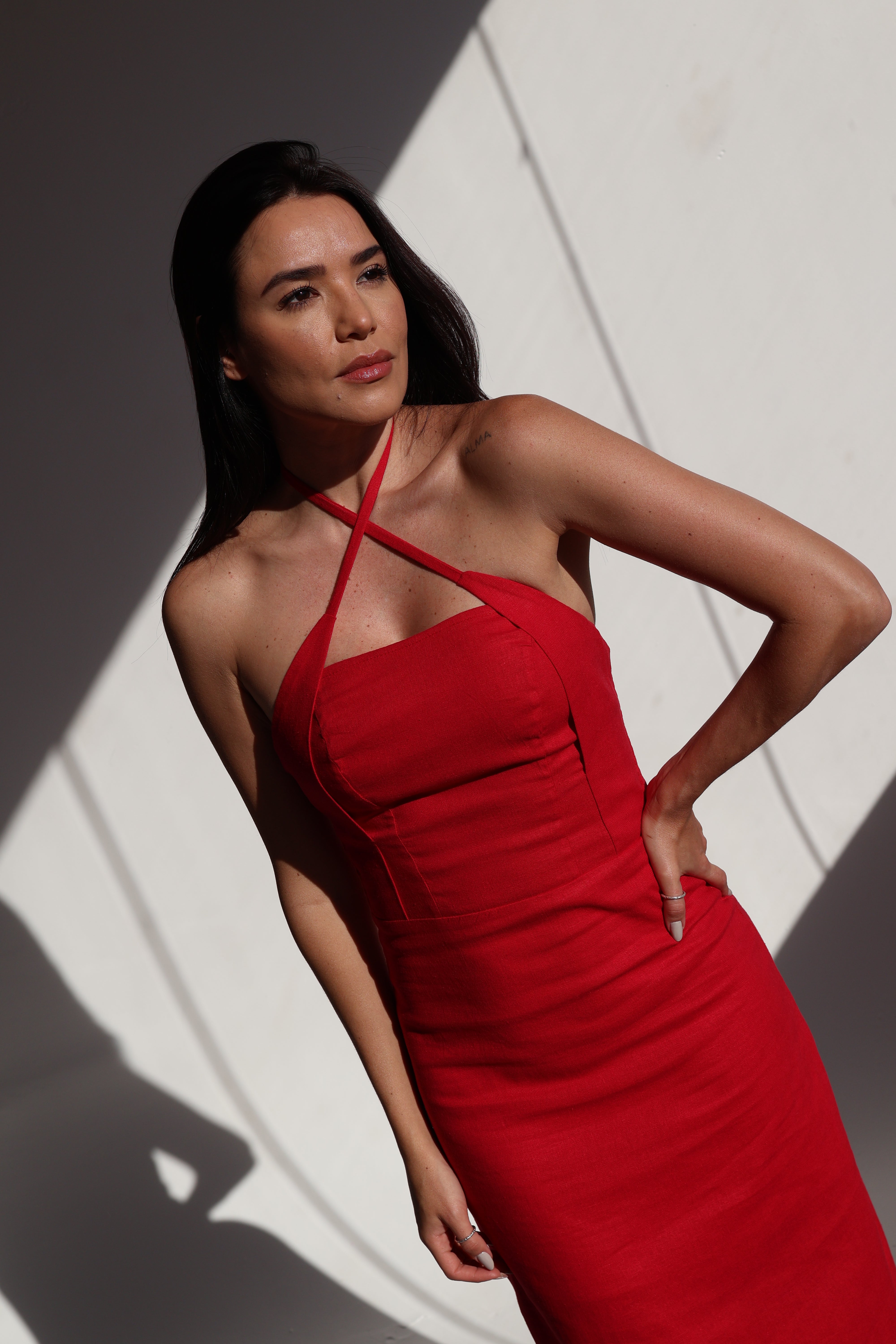 Soleil Halter Linen Blend Maxi Dress – Cherry Red