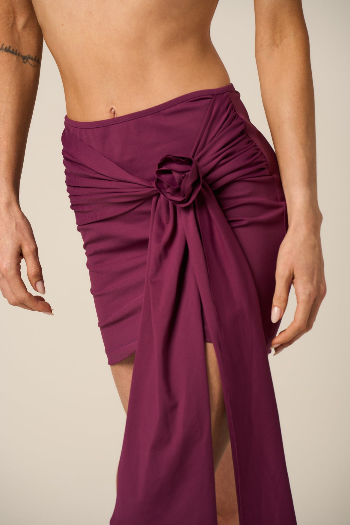 Draped Mini Skirt with Adjustable Tie & Removable Rosette – Purple Wine | Amazônia B2R