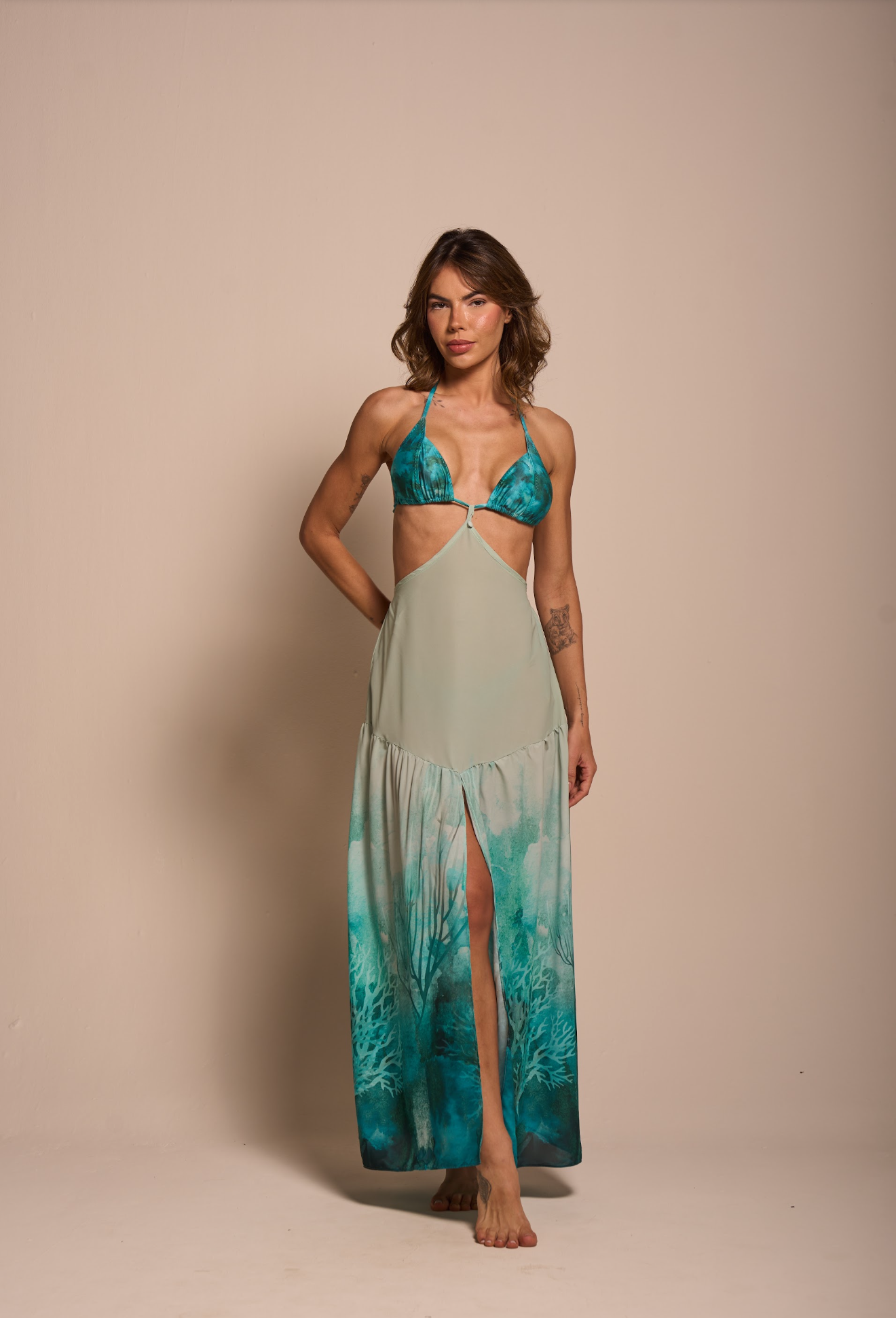 Front view of Sea Glass Coral Maxi Cover-Up Skirt
