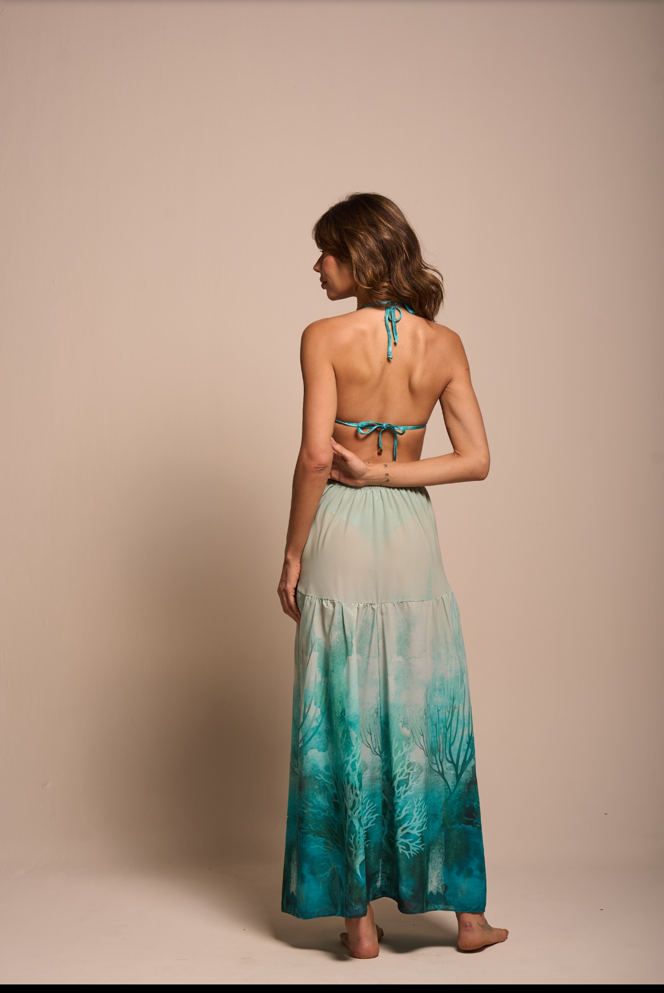 Back view of Sea Glass Coral Maxi Cover-Up Skirt