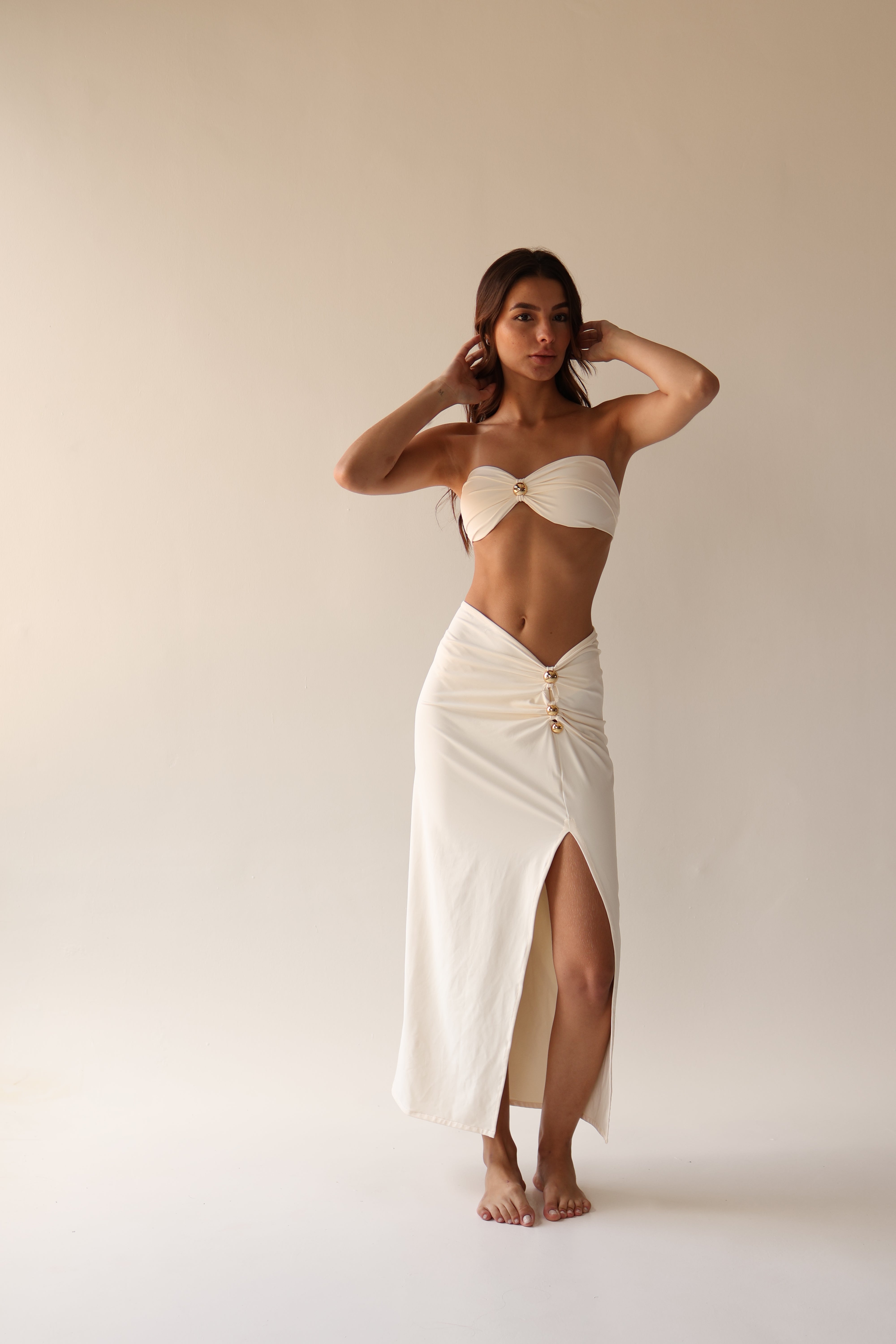 Soleil Ivory Ruched Maxi Skirt with Gold Hardware