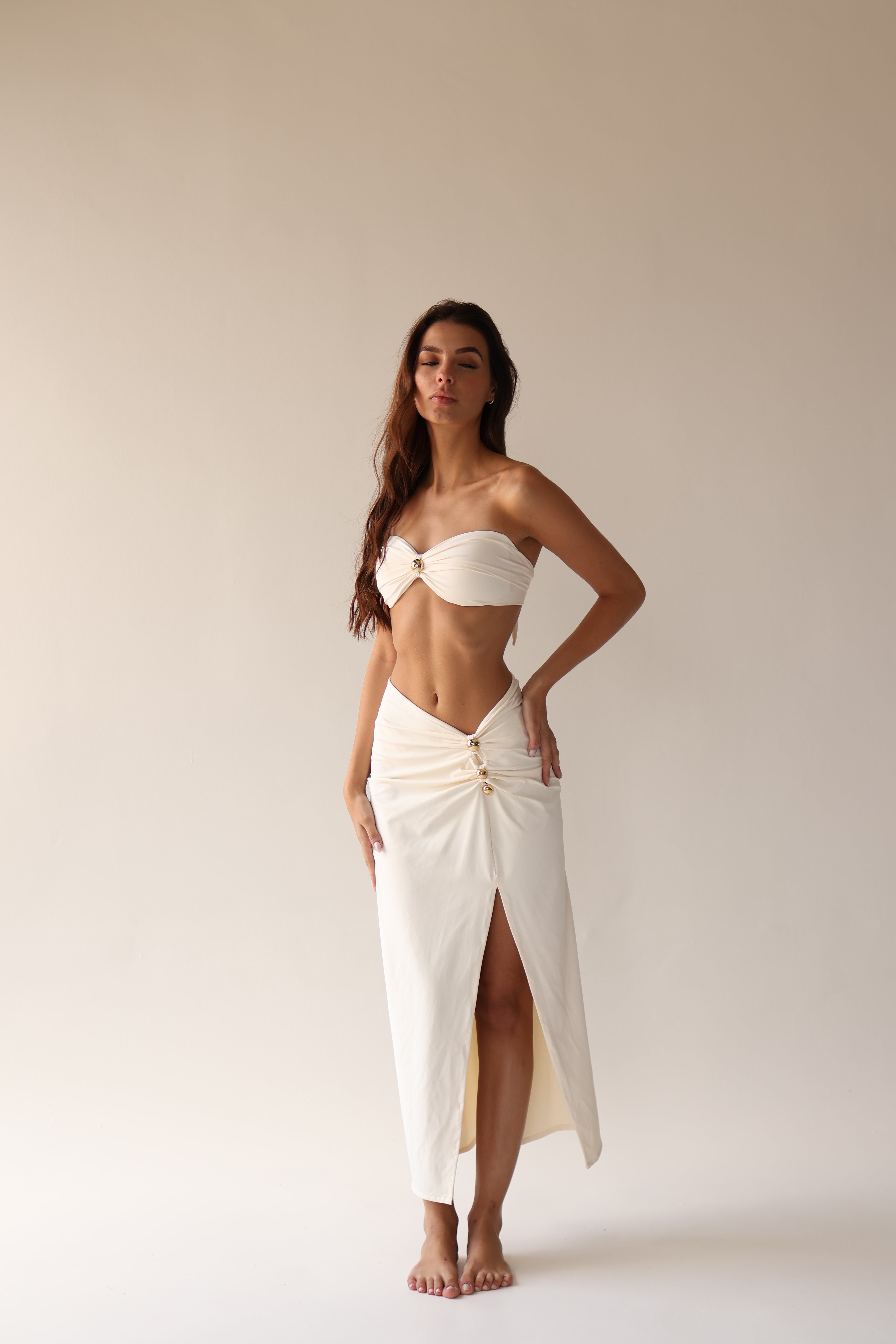 Soleil Ivory Ruched Maxi Skirt with Gold Hardware