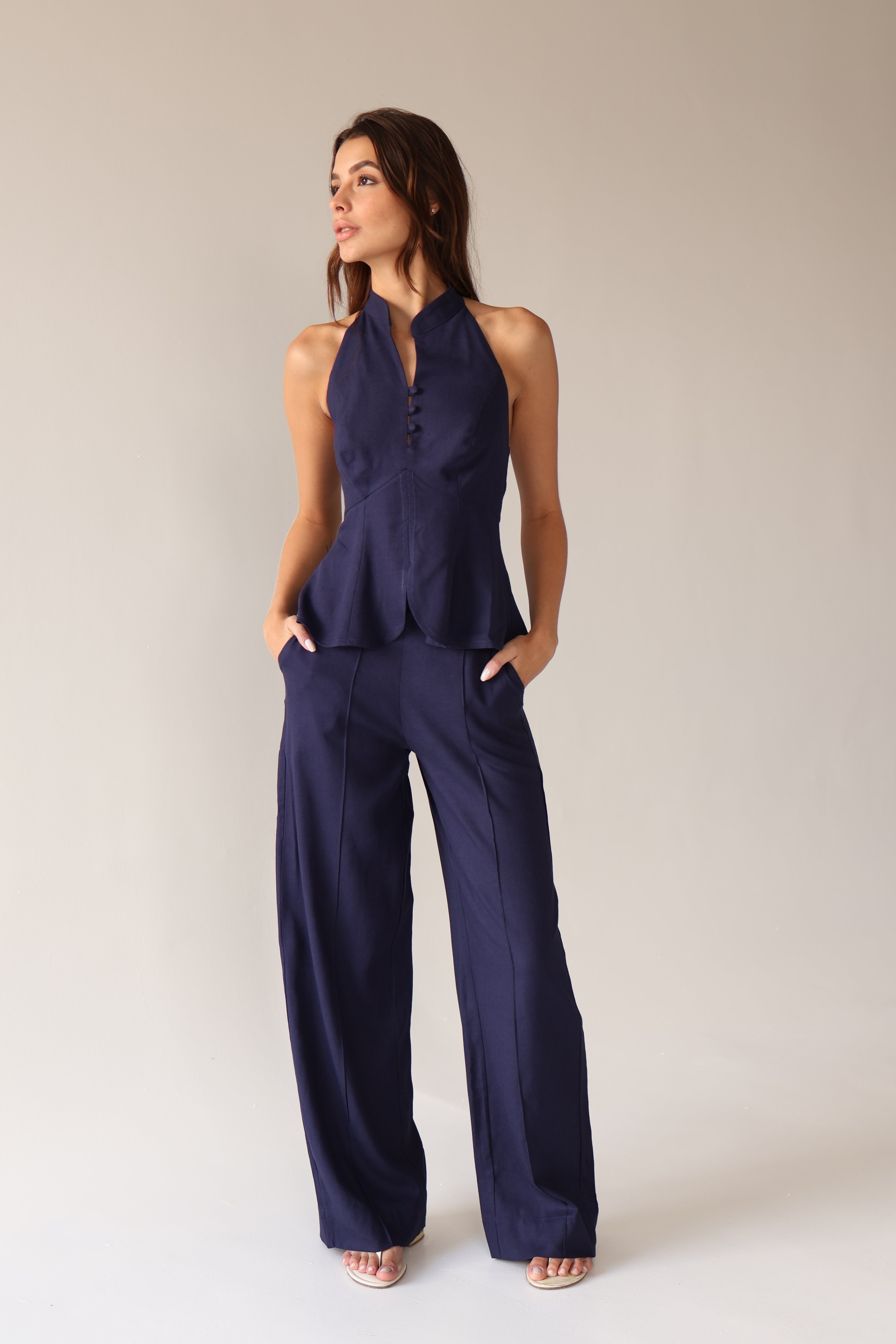 Rivage Navy Linen Halter Peplum Top & Wide-Leg Trouser Set