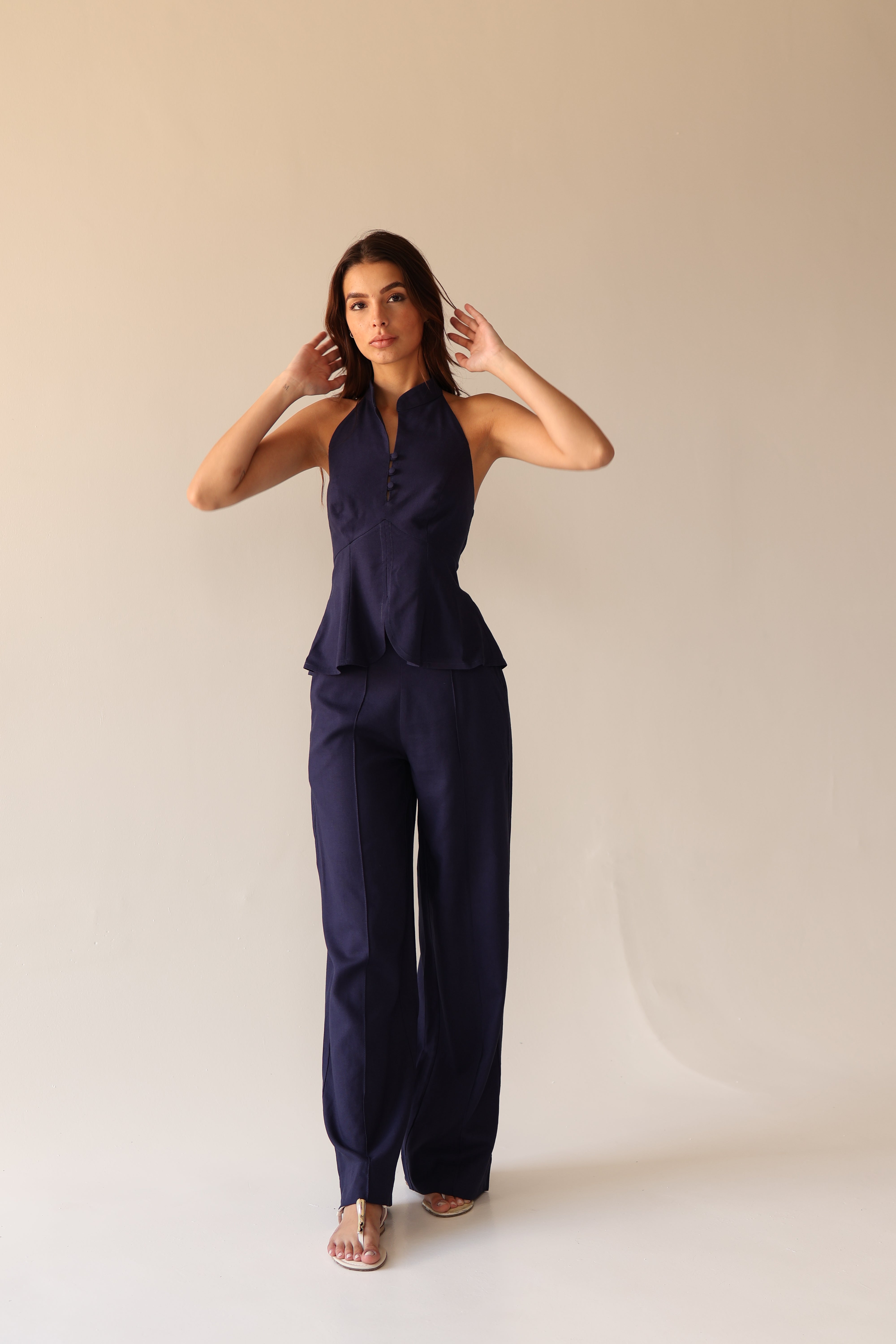 Rivage Navy Linen Halter Peplum Top & Wide-Leg Trouser Set
