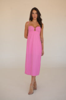 Hot Pink dress front view – vibrant resortwear midi dress