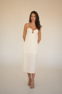 Off White dress front view – minimal resort midi with cut-out detail