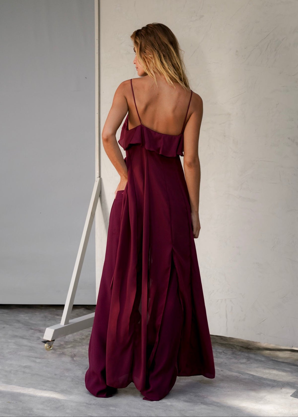 Cascata Merlot long sheer cover-up styled with coordinating pants