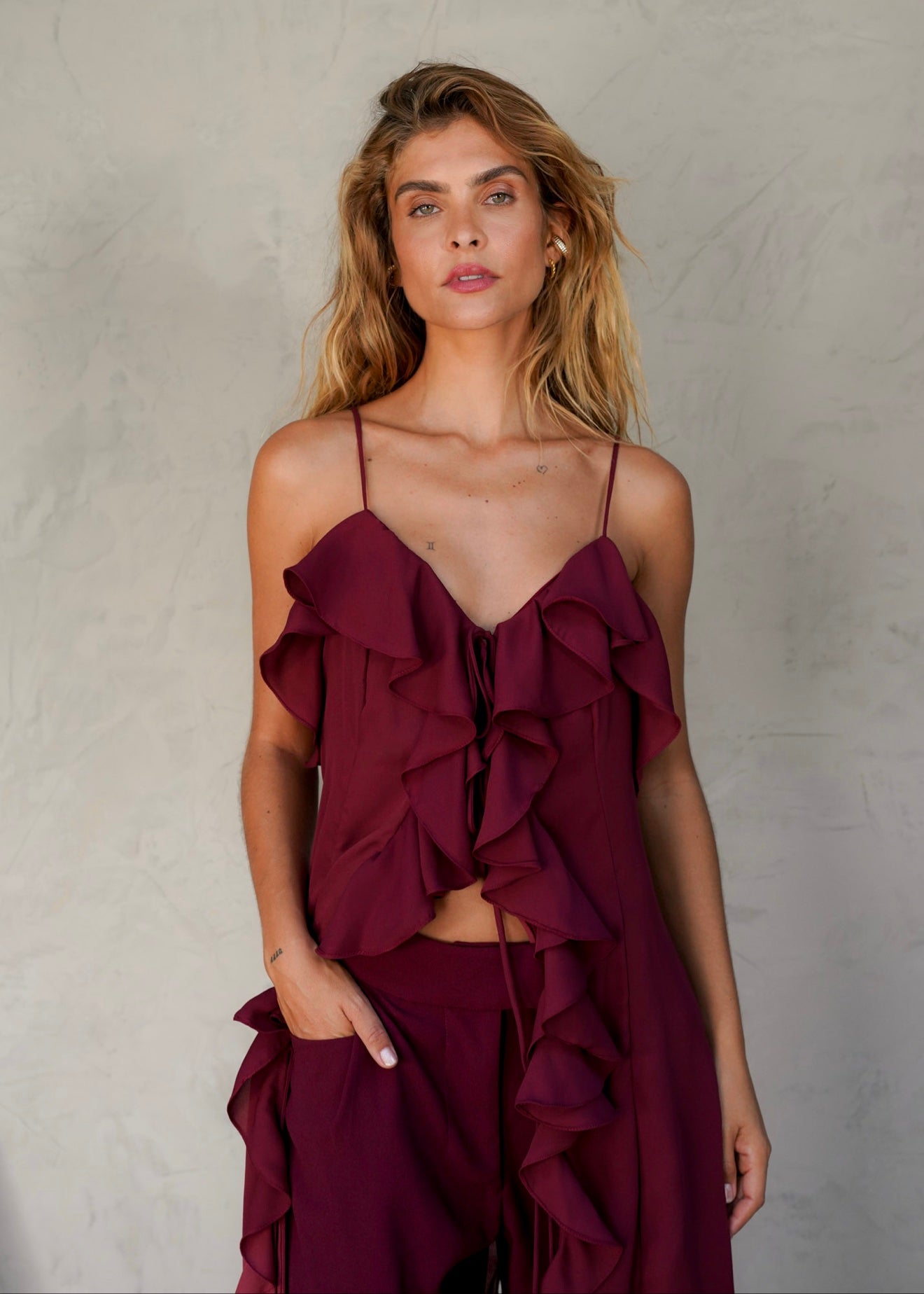 Cascata Merlot ruffle cover-up with V-neckline and front tie