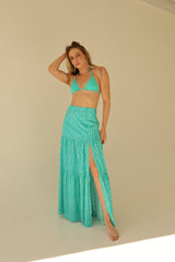 Ysla Turquoise Leaf Print Maxi Skirt with Side Slit