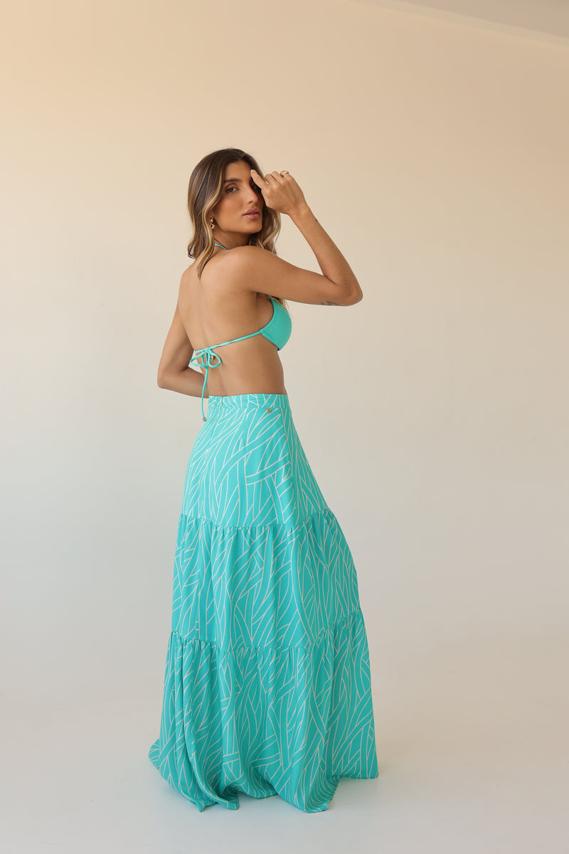 Ysla Turquoise Leaf Print Maxi Skirt with Side Slit