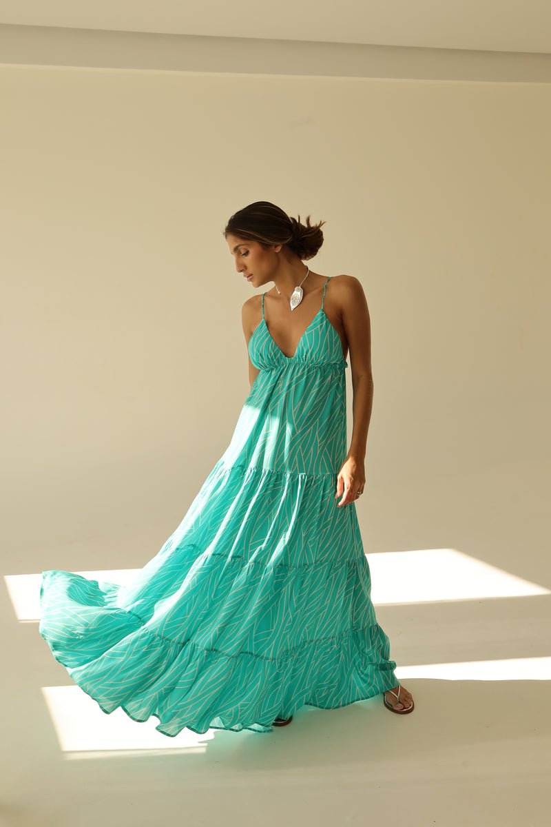 Turquoise Leaf Print Spaghetti Strap Maxi Dress