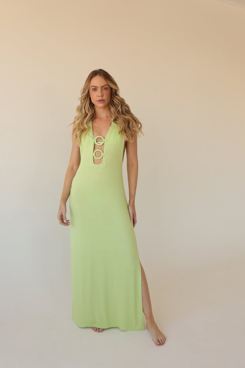 Plunge Neck Maxi Dress with O-Ring Details