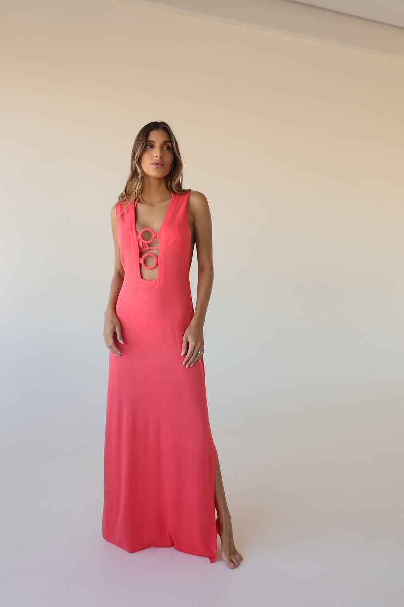 Plunge Neck Maxi Dress with O-Ring Details