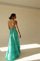 Turquoise Leaf Print Spaghetti Strap Maxi Dress