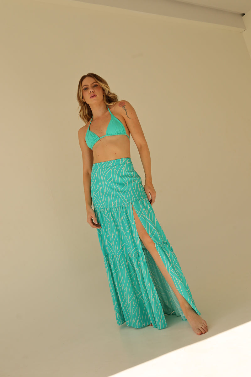 Ysla Turquoise Leaf Print Maxi Skirt with Side Slit