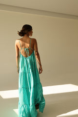 Turquoise Leaf Print Spaghetti Strap Maxi Dress