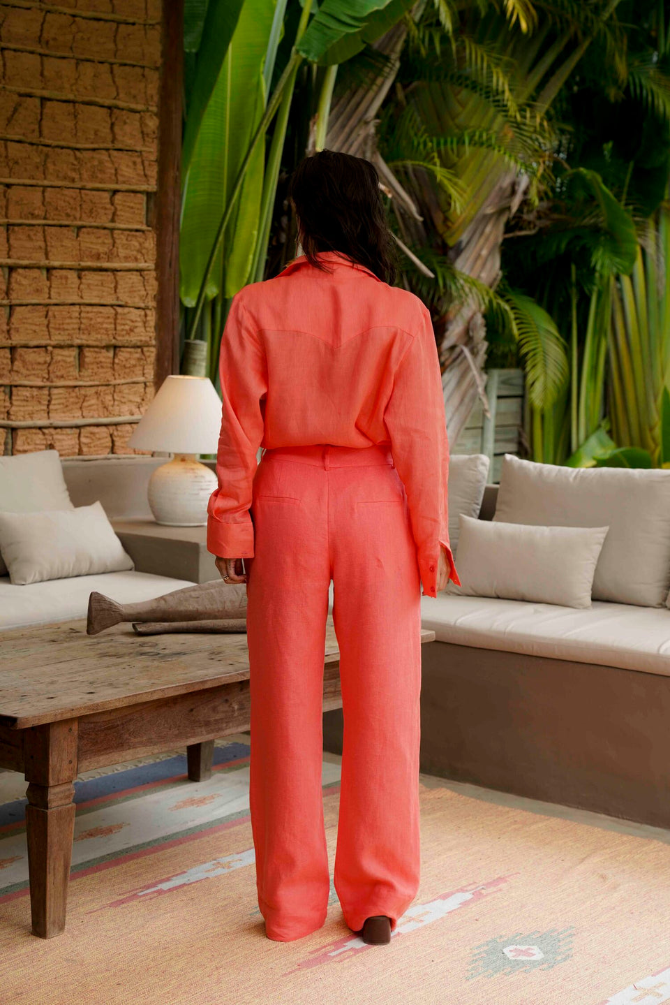 Palm Linen Wide-Leg Pants – Palm Green & Coral Pink | Amazônia B2R