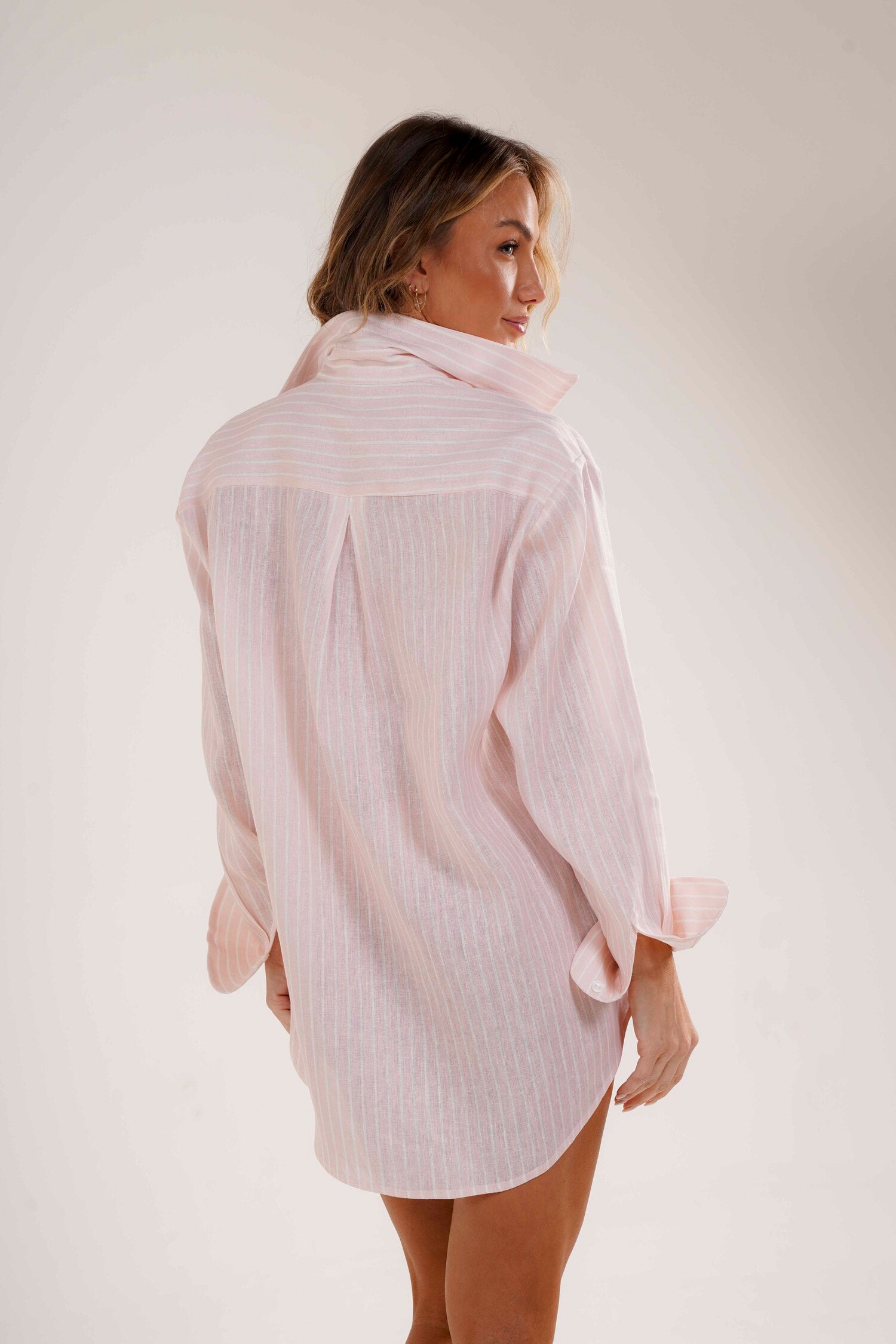 Linen Resort Shirt with White Pinstripes (Soft Pink / Soft Yellow) | Amazônia B2R